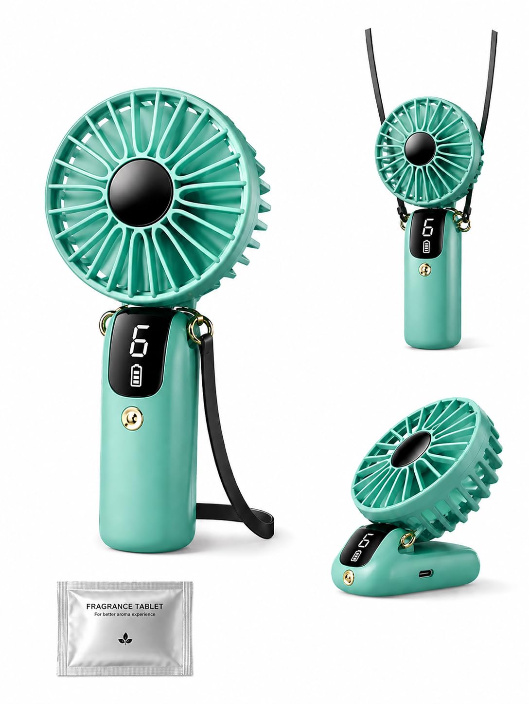 Handheld Foldable Personal Fan For Outdoor, Travel, Office Use | USB Rechargable 1300 mAh | LED Digital Display | Mini Fan with Fragrance Tablet and Lanyard - Muliticolor-image-38