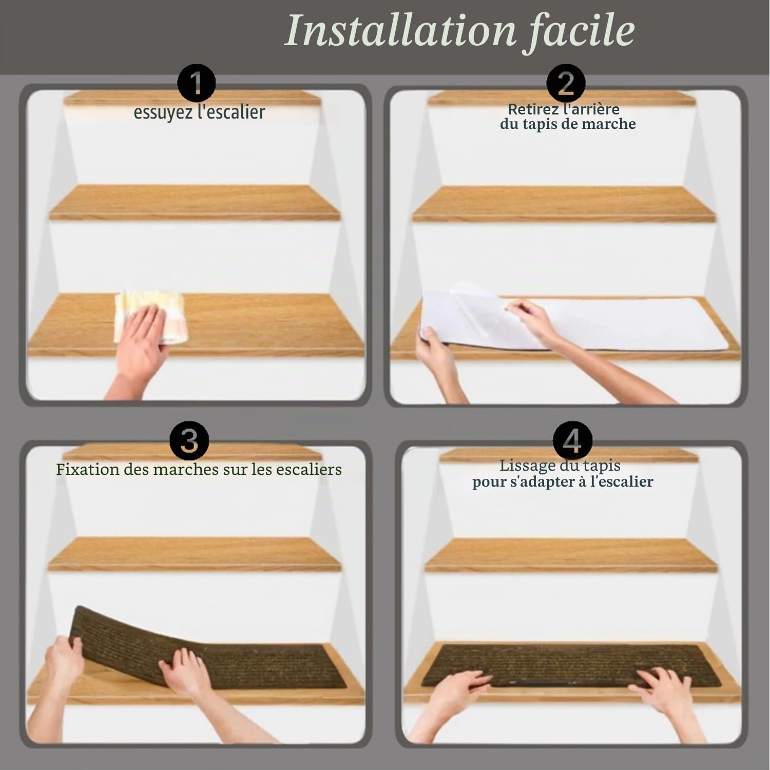 Lot de 15 tapis de marche d'escalier autocollants antidérapants pour l'intérieur 60 x 20 cm Tapis d'escalier antidérapant pour enfants, personnes âgées et animaux domestiques (beige)