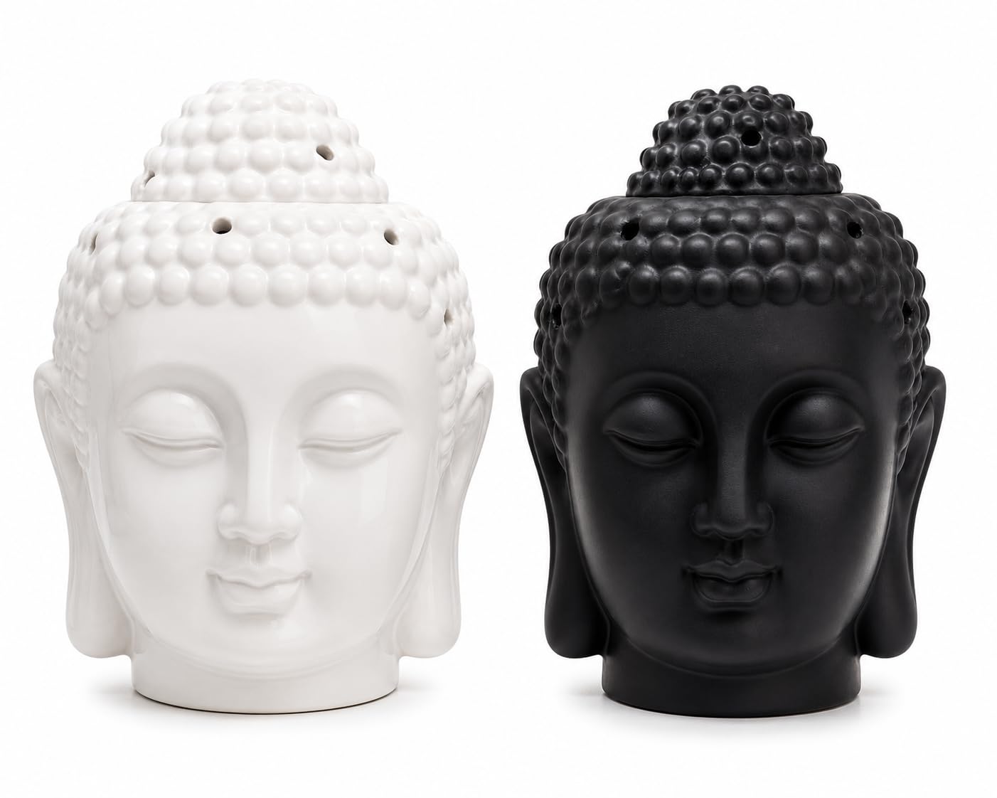 JRose Collections Ceramic Buddha Head Oil Burners Pack of 2 | Wax Melt & Essential Oil Burner Set | White & Black Ceramic Tea Light Wax Warmer | Removable Top Bowl | Home Fragrance Burner | 13cm