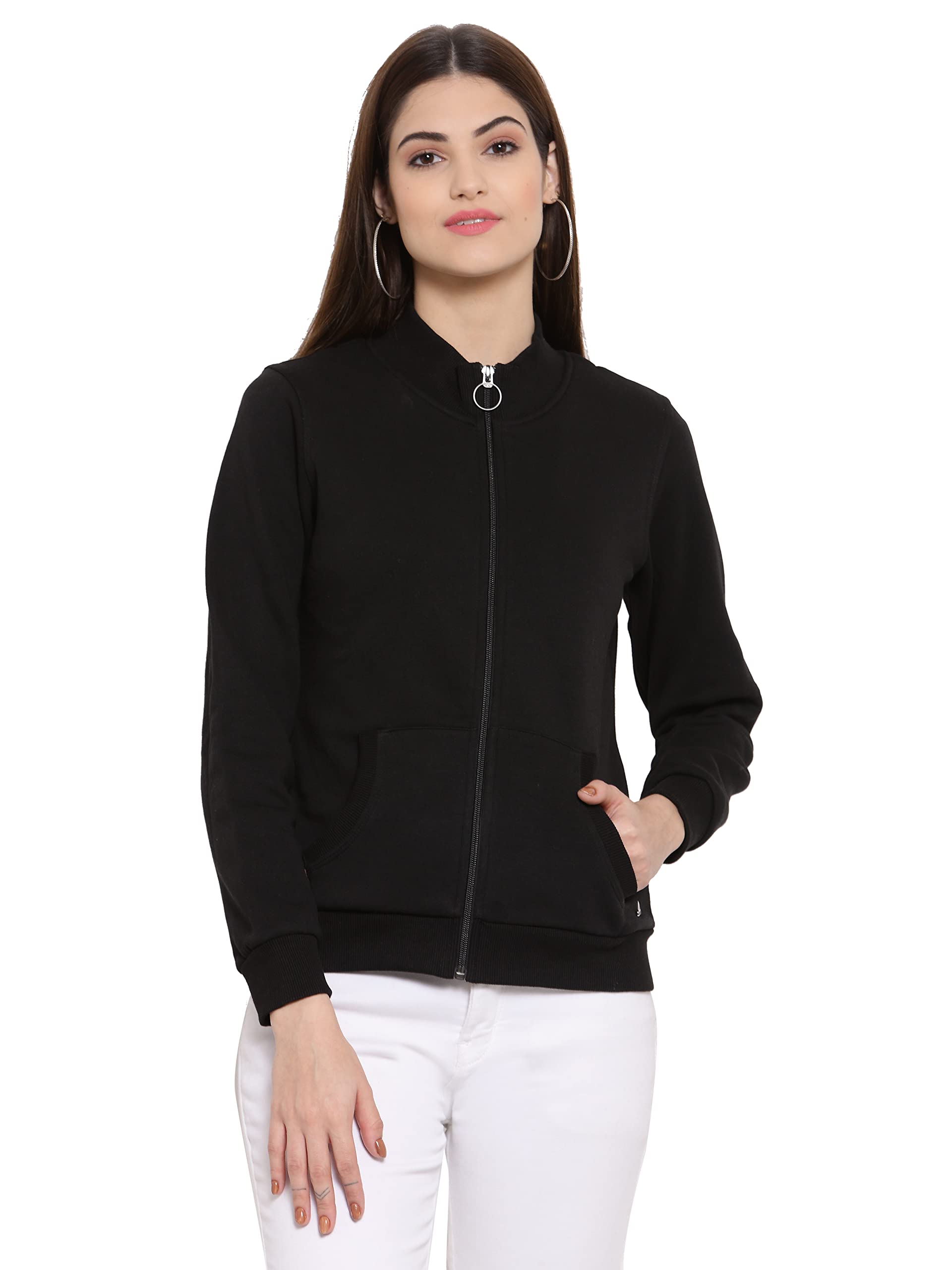 Juelle Women Solid Green Round Neck Fleece Sweatshirt