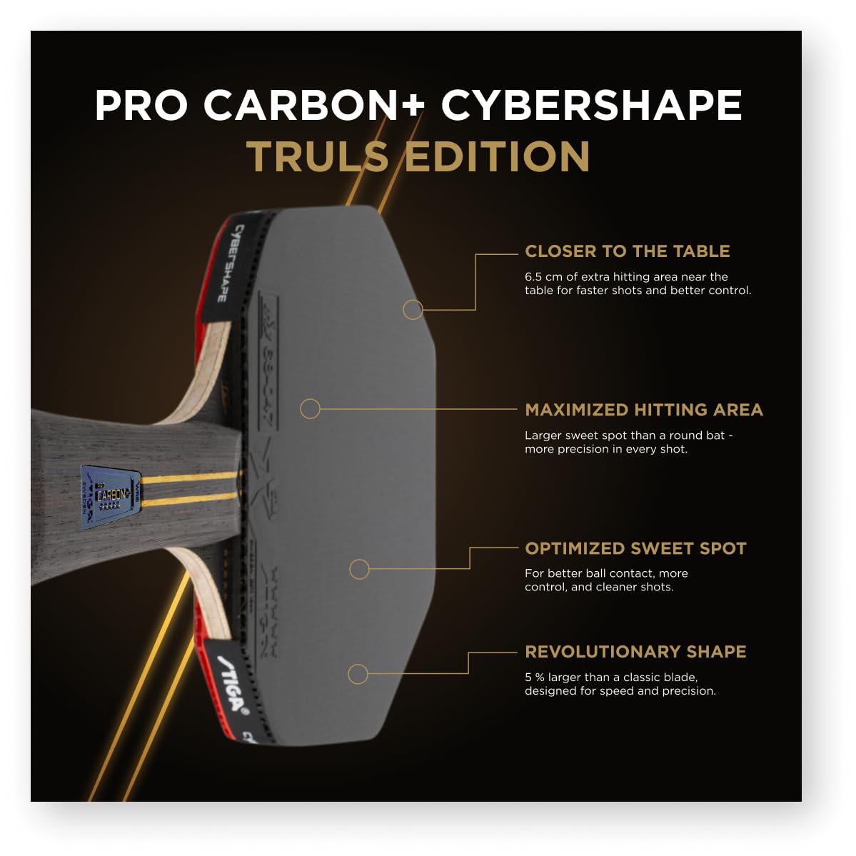 STIGA Pro Carbon Plus Cybershape Truls Edition Pala de Tenis de Mesa, 5 Estrellas; Sweet Spot Optimizado más Grande, Touch Carbon Technology, Goma STAR5 Aprobada por la ITTF, para Jugadores Ofensivos