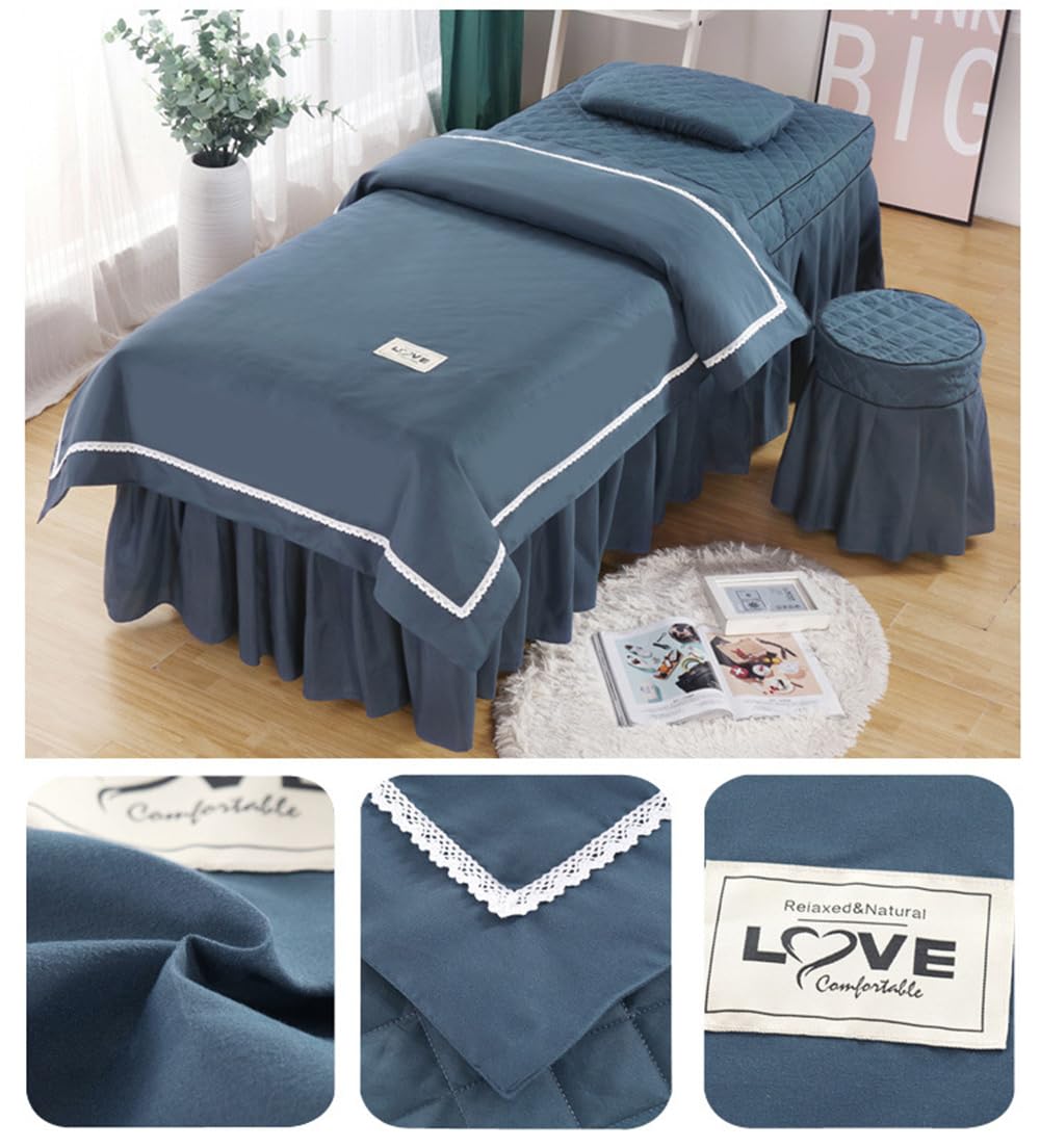 Surwin Juego de Sábanas de Masaje de 4 Piezas,Falda De Mesa De Masaje Funda De Cama De Salón Respirable Protector de Cama con Agujero para la Cara (180x60cm,Azul marino)