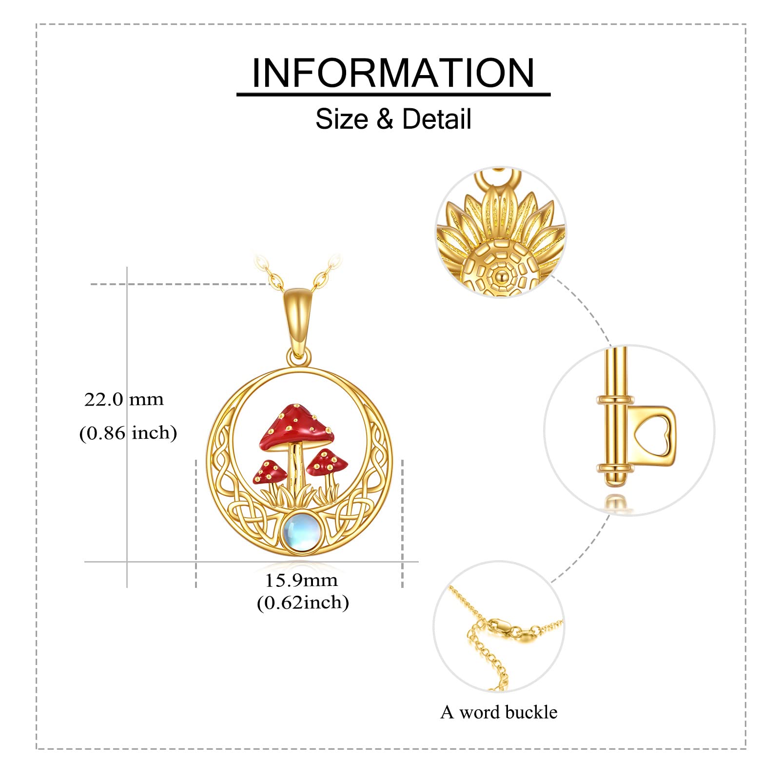 14K Gold Moonstone Naszyjnik dla kobiet Celtic Węzeł wisior grzyb
