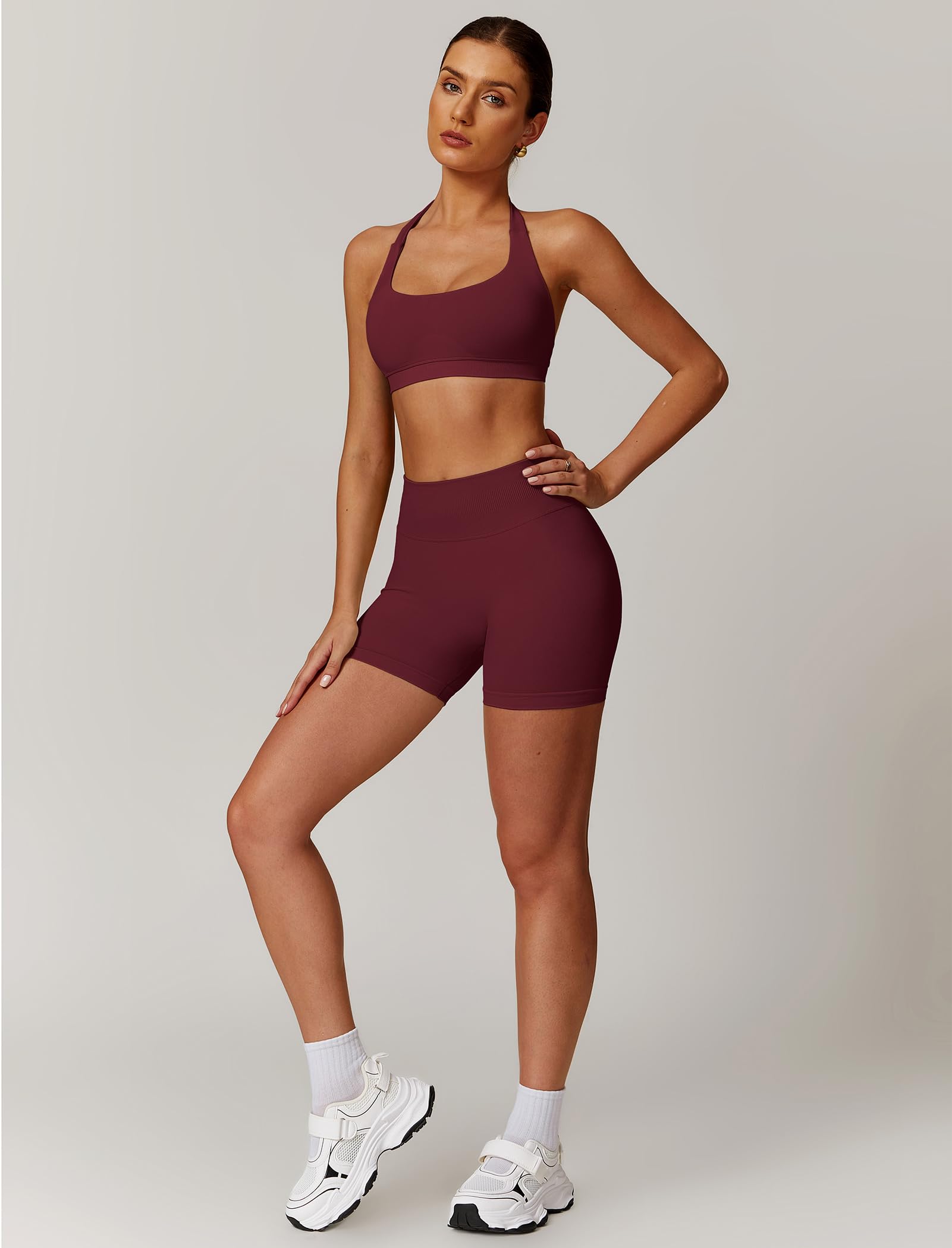 Odizli Damen Neckholder Sport BH + High Waist Shorts Zweiteiler Gym Workout Yoga Fitness Sportkleidung