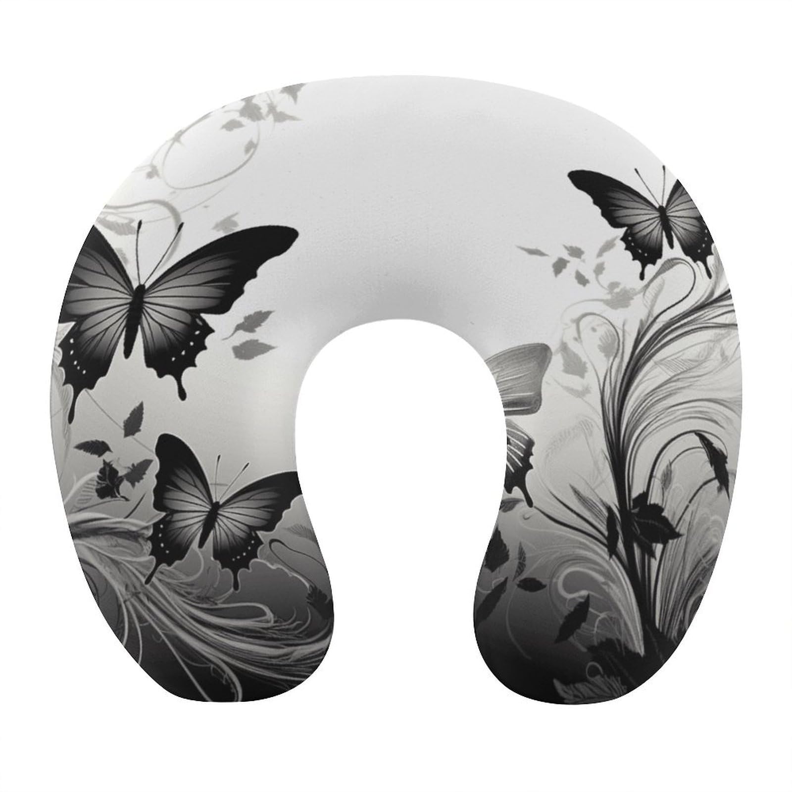 VstaDank Black Gray Butterflies Neck Pillow Soft Comfortable Travel U Shaped Pillows Portable Pillows for Shoulder Memory Foam Head Support Pillow for Airplane Car Home Office