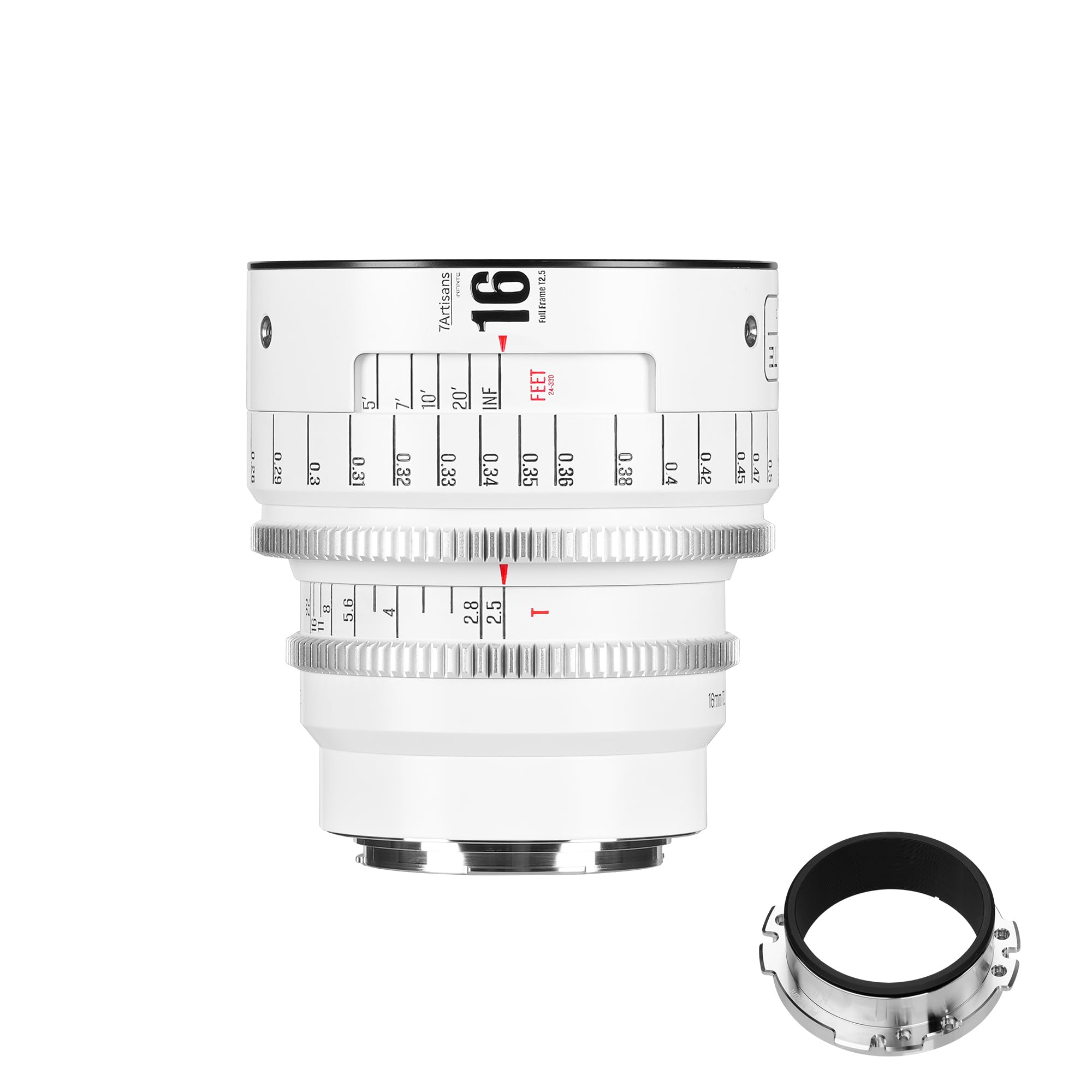 Obiettivo cinematografico manuale professionale full frame 7artisans 16 mm T2.5 serie Infinte, compatibile con attacco EF per fotografia e riprese video, bianco