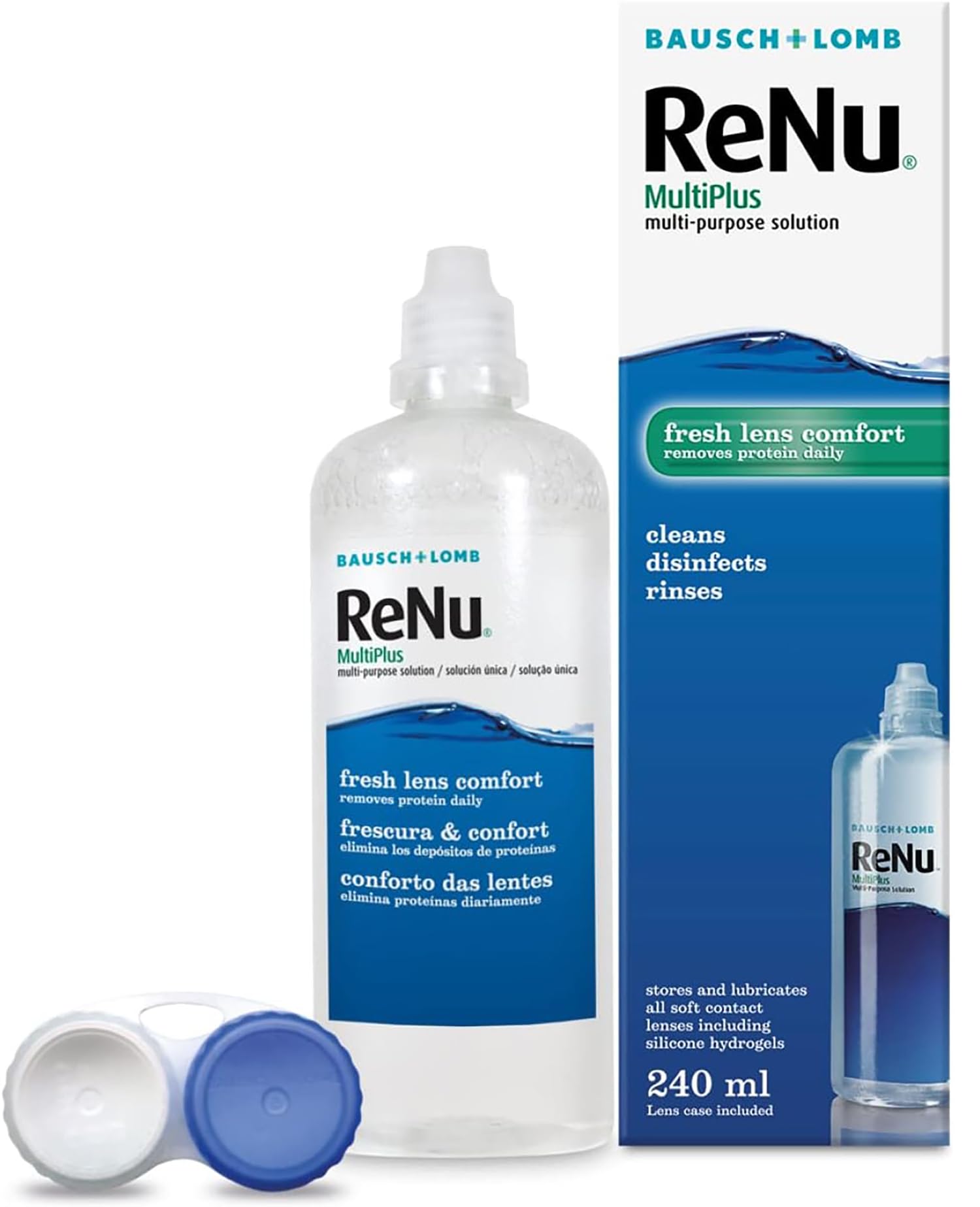 MultiPlus Multi-Purpose Contact Lens Solution, 240ml, for Soft Contact Lenses, Moisturise, Remove Protein, Clean, Disinfect, Lubricate, Rinse and Store Your Lenses, Lens Case Included