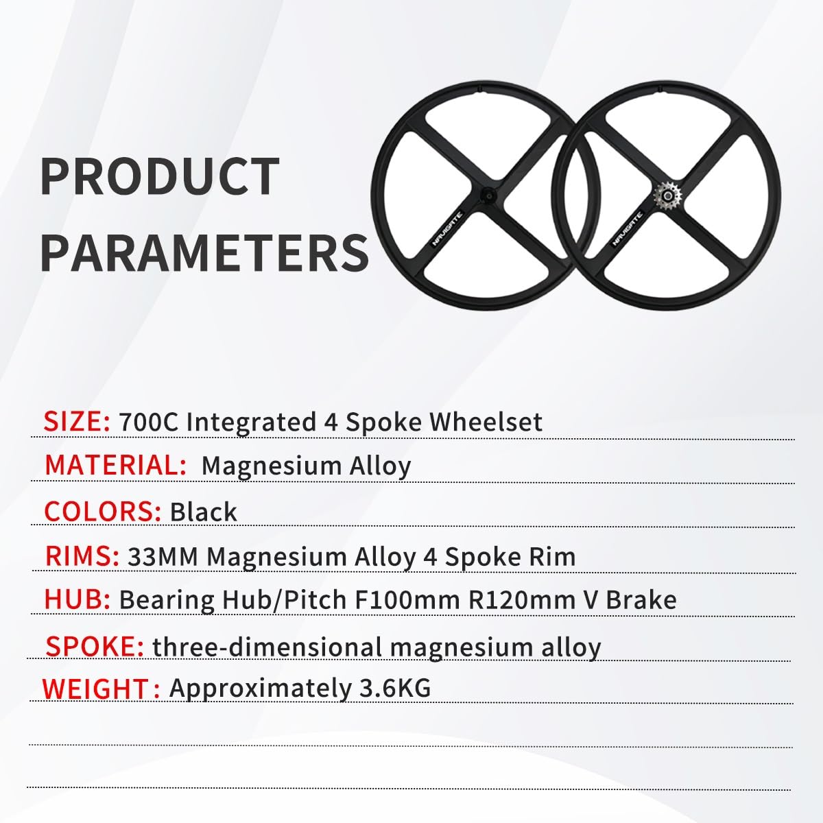 Ruote per Bici a Scatto Fisso 700C, Design Integrato a 4 Raggi, in Lega di magnesio, Nere, Cerchi da 33 mm di Larghezza per Anteriore e Posteriore, 100x120 mm.