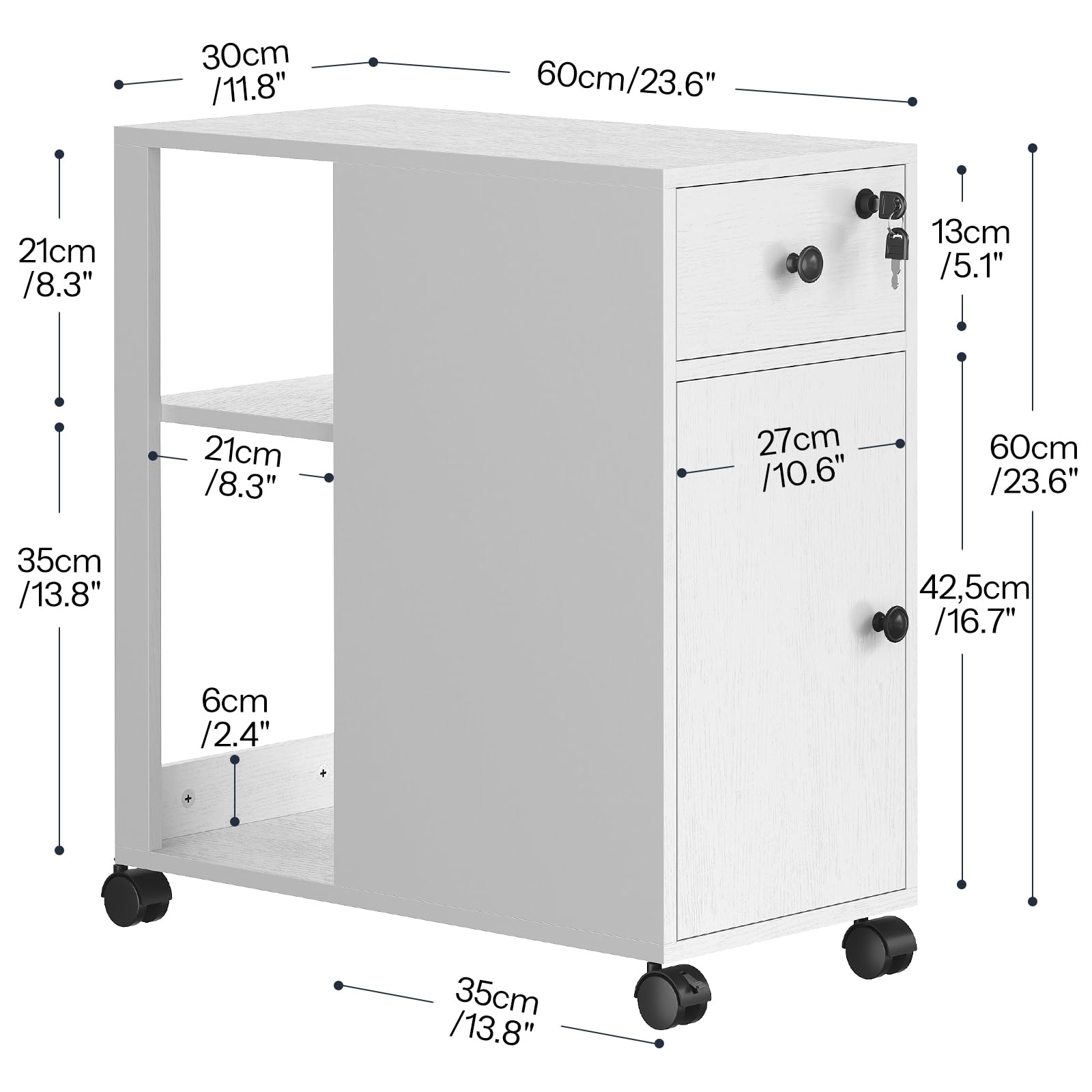 HOOBRO Rollcontainer mit Schublade, mobiler Aktenschrank mit Schloss, Schreibtisch Unterschrank, Büroschrank mit offenen Regalen, Bürocontainer, für Wohnzimmer, Schlafzimmer, Arbeitszimmer EWB28WJ01