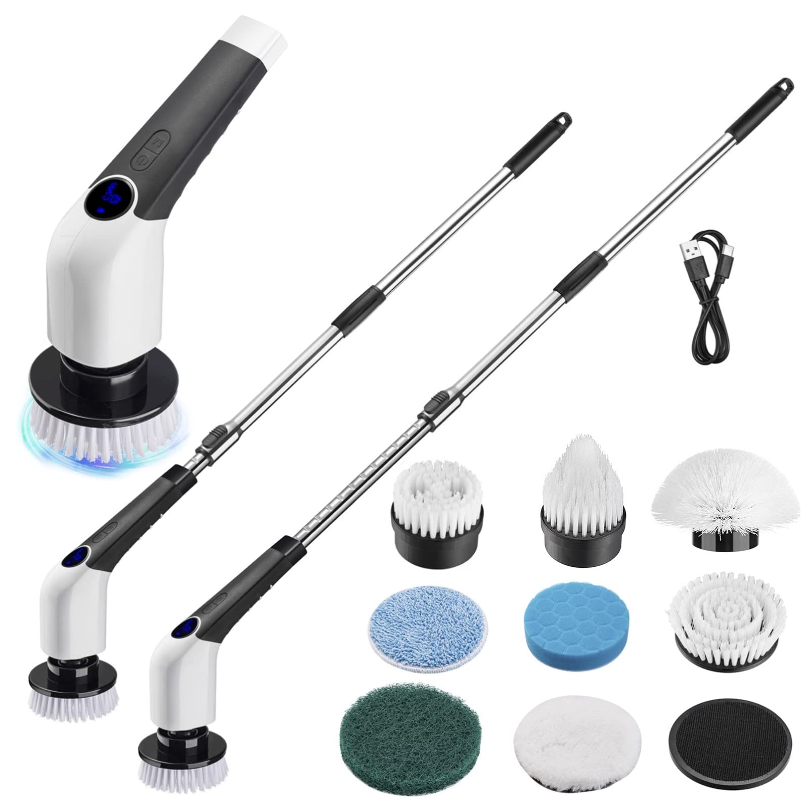 Electric Spin Scrubber, Cordless Bath Tub Power Scrubber with Long Handle & 8 Replaceable Heads, Detachable as Short Handle, Shower Cleaning Brush Household Tools for Bathroom & Tile Floor(Grey)