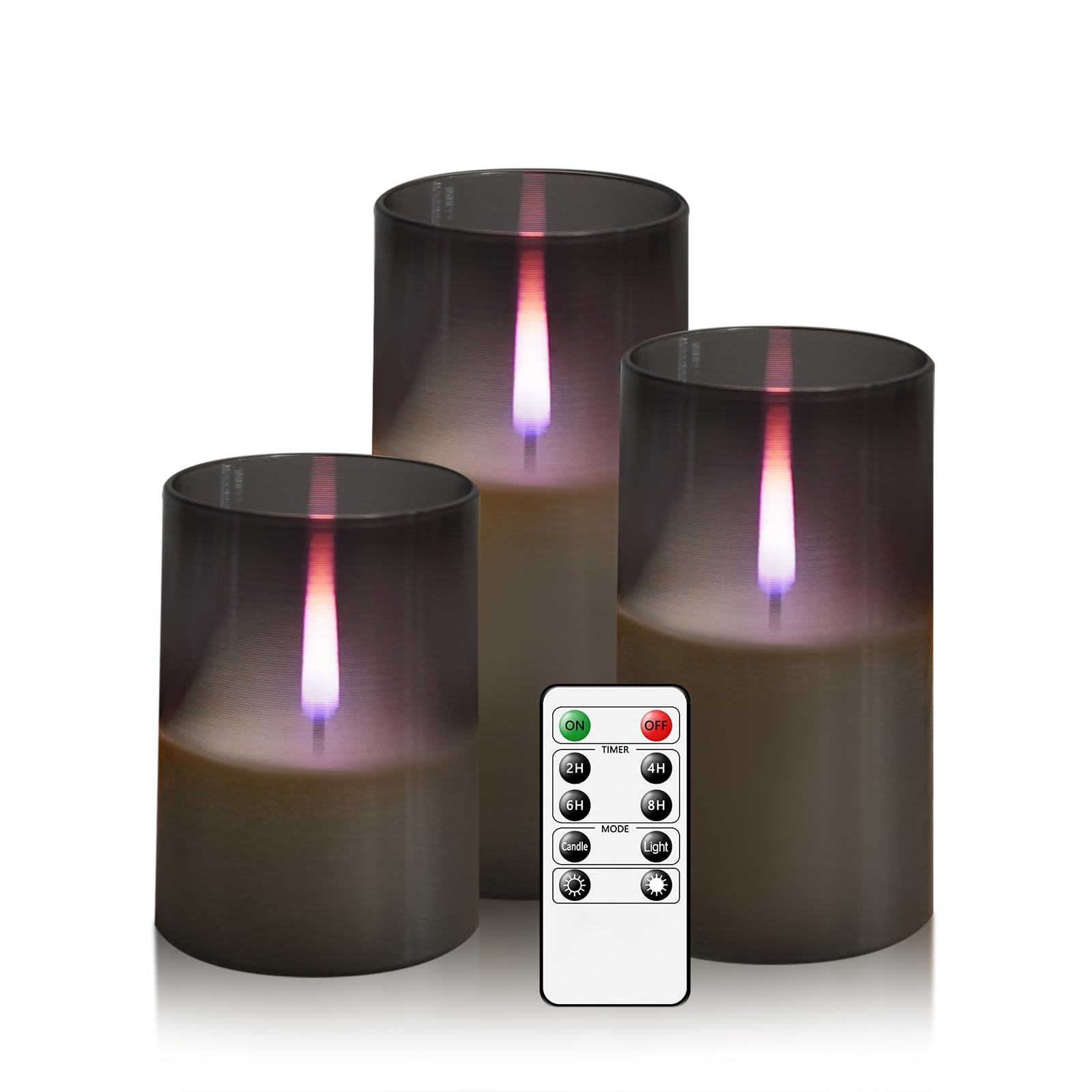 Flameless Candles Upgraded Realistic Flickering Flame,Battery Operated LED Candles with Remote Timers,Acrylic Electric Candles Set of 3(D 3" xH 4" 5" 6")?Grey?