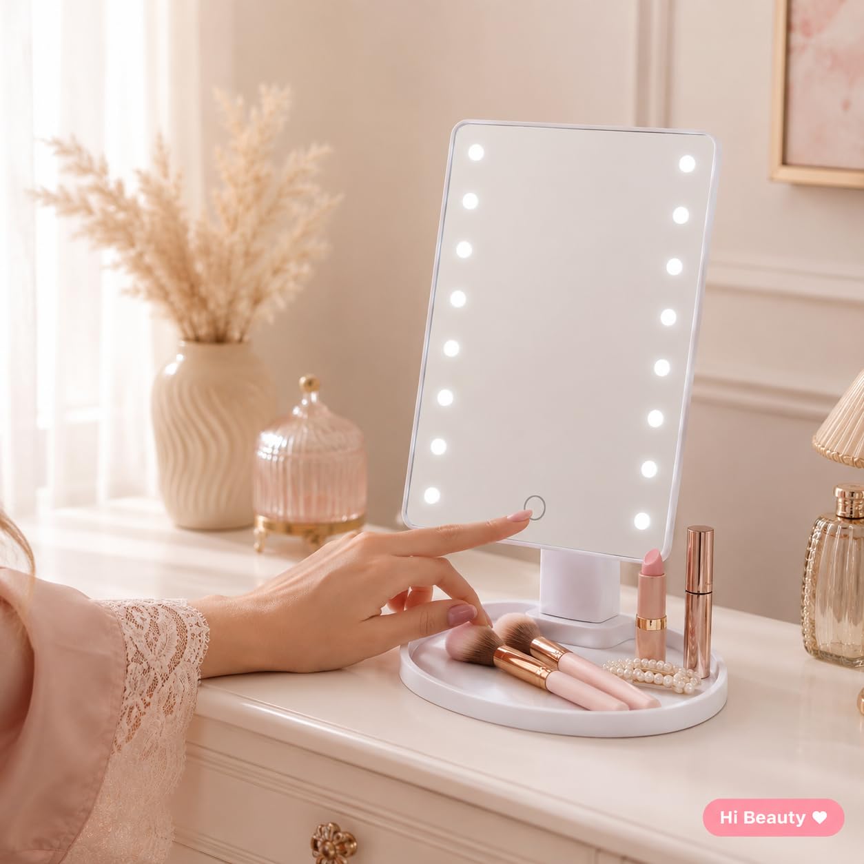 Specchio Trucco LED Rettangolare Inclinabile 180° – Luce Fredda Dimmerabile Touch, Specchio da Tavolo con Base Porta Accessori – 26,5 x 17 x 12 cm – Bianco