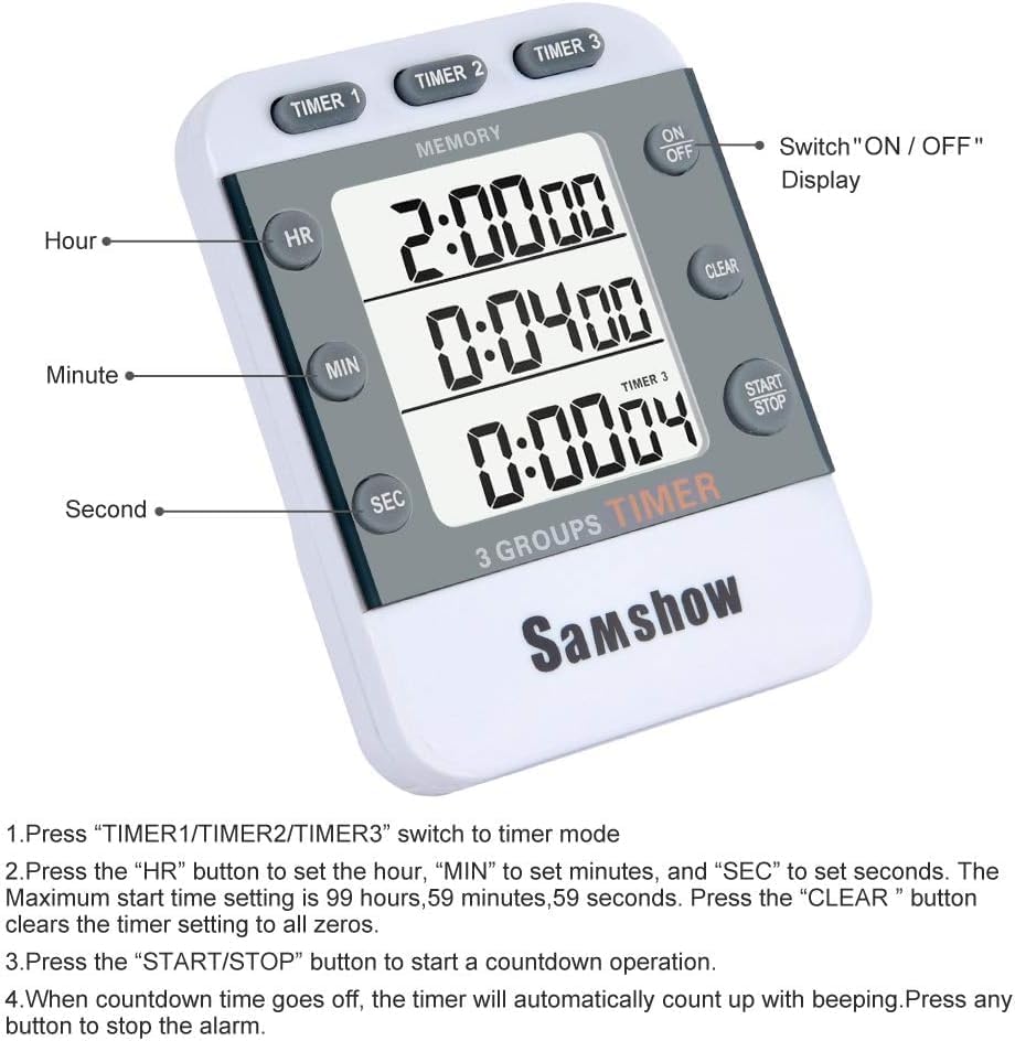 Miniatura 3 de Samshow Paquete de 2 temporizadores digitales de cocina para cocinar, triple temporizador, cuenta arribaabajo, temporizador doble, pantalla LCD