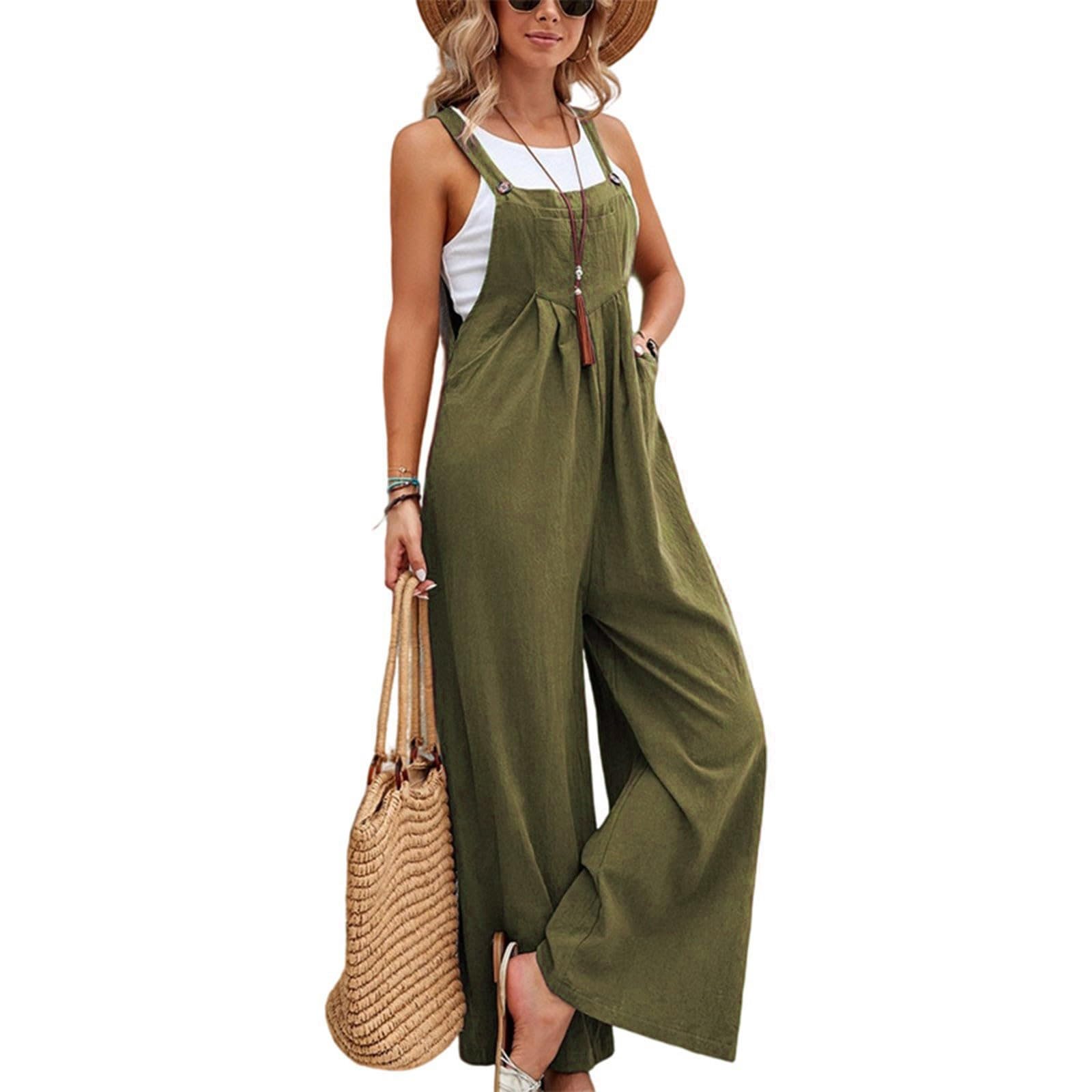Green Linen Jumpsuits for Women Sleeveless Square Neck Spaghetti Strap Overalls Boho Beach One Piece Jumpsuit Loose Cotton Work Rompers with Pockets Casual Bib Overalls Beach Outfits for Women 2025