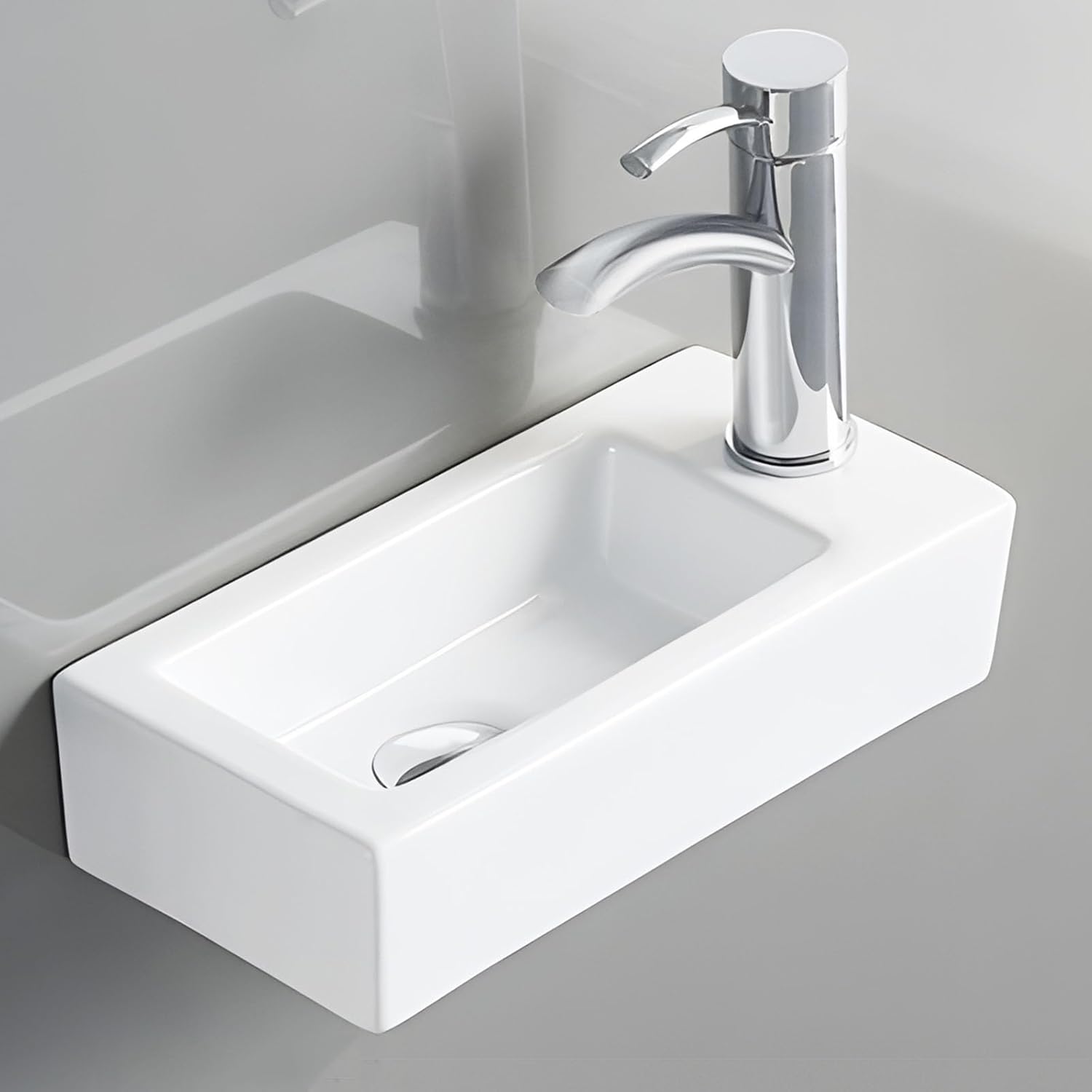 15 x 7 In Rectangle Ceramic Small Bathroom Sink, Bathroom Vanity Above Counter Basin, Wall Mount Vessel Sink, Right Hand Bathroom Sink for Tiny Bathrooms Cloakrooms(Without Faucet)