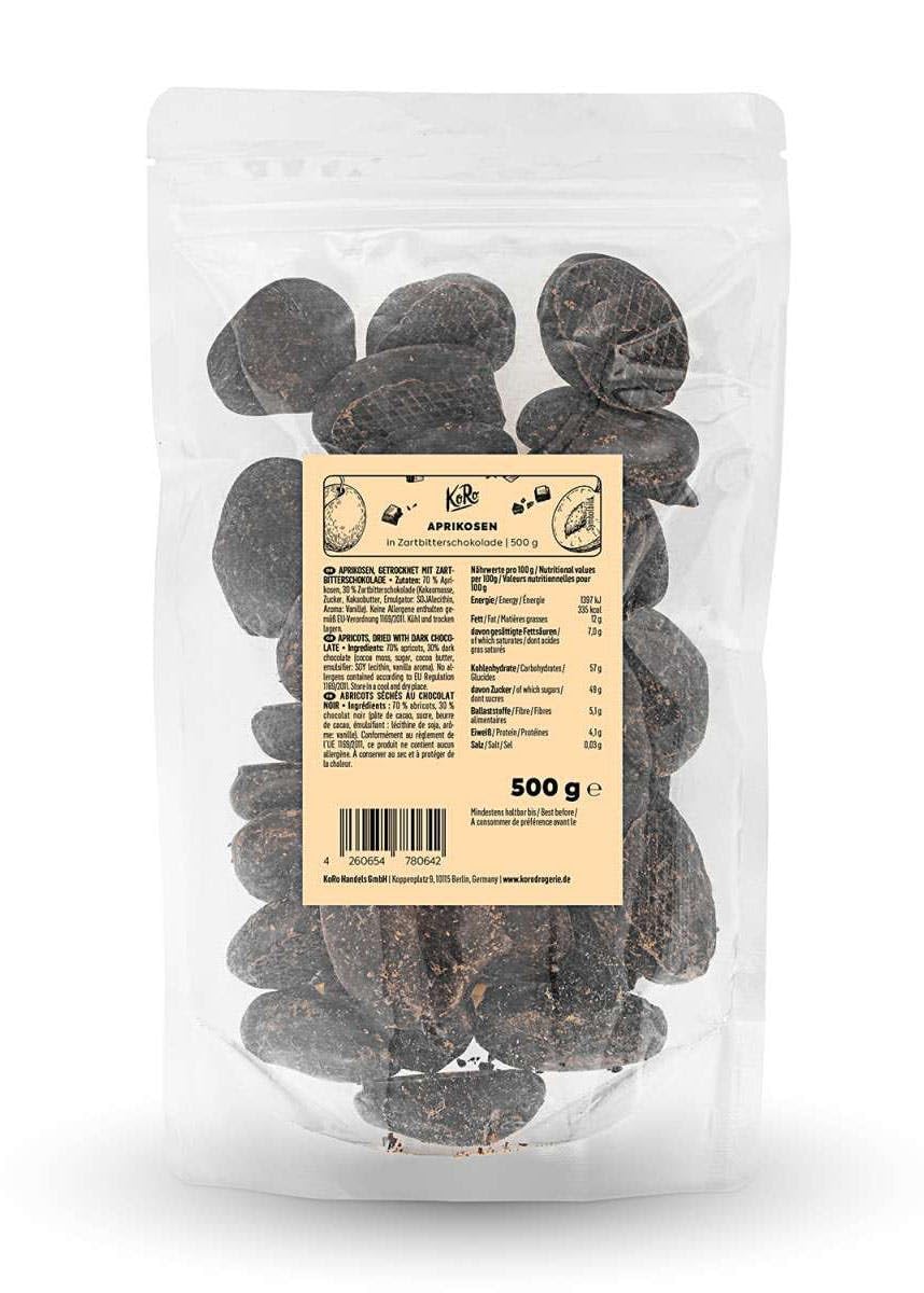 KoRo - Albicocche al cioccolato fondente formato prova 500 g - Delizioso snack vegano senza zuccheri aggiunti