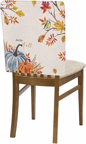 Miniatura 7 de Juego de 6 fundas para silla de comedor, diseño de calabazas azules y naranjas para Acción de Gracias, diseño de hojas de arce, extraíbles para