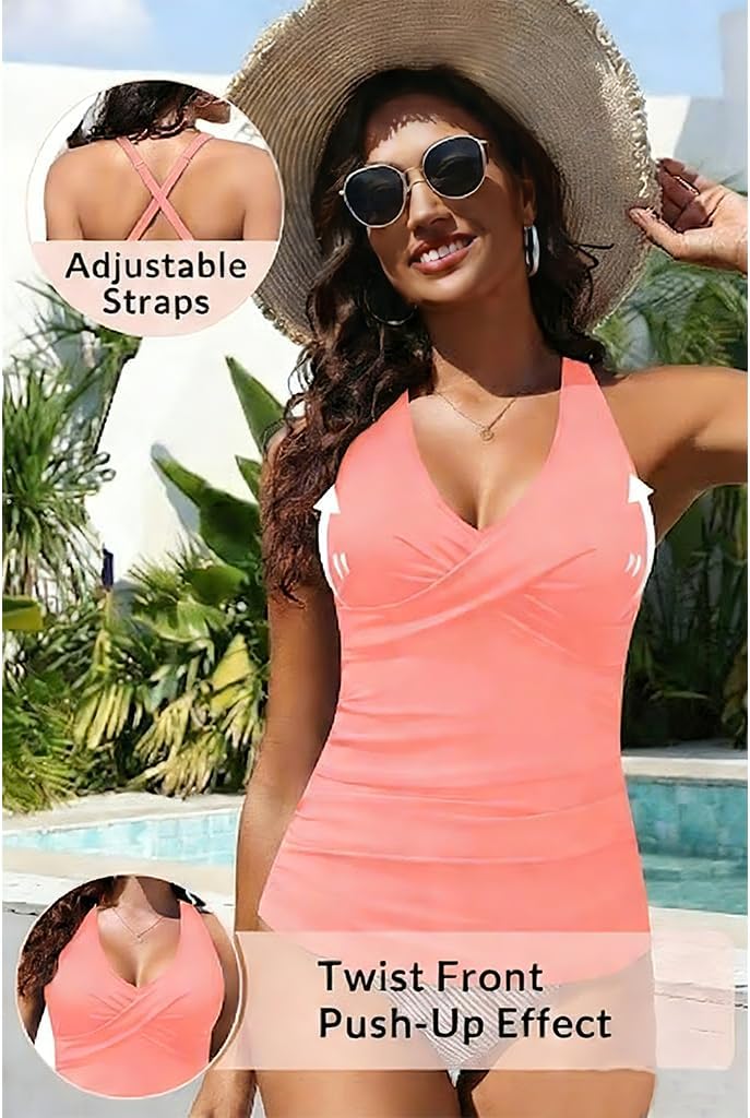 Yonique Tummy Control Tankini Top Only V Neck Swim Top Twist Front Bathing Suit Top No Bottom - Image 5