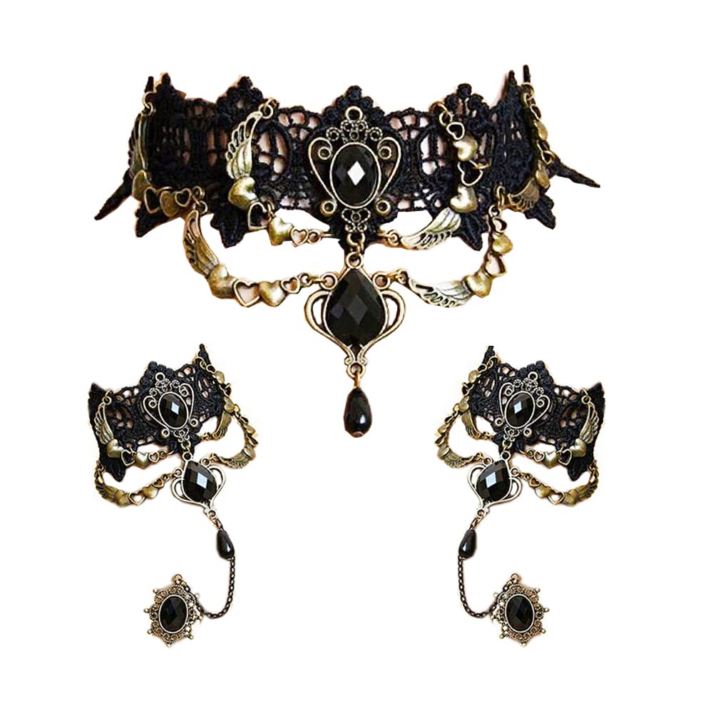 Collier Tour de Cou Dentelle avec Bracelet Punk Party Gothic Vintage Fait Main Lolita Rétro Esclave Punk Vampire Victorien Pendentif pour Femmes Noires - Style 2