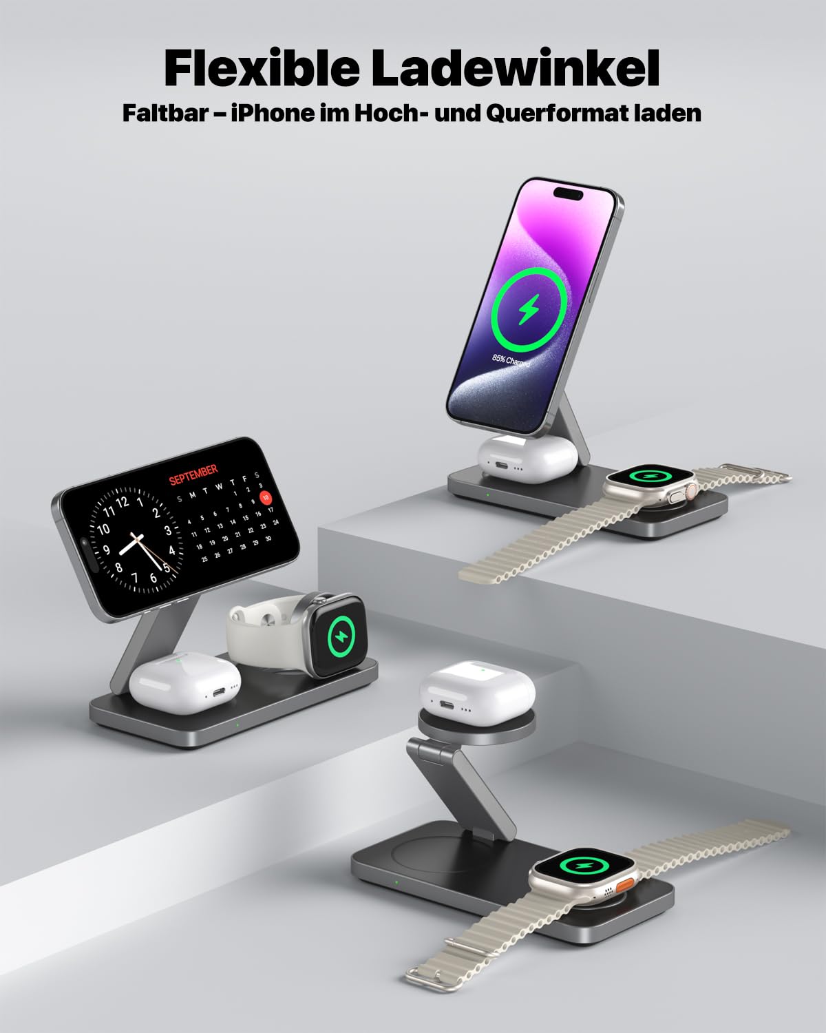 Induktive Ladestation Kompatibel mit Magsafe Ladegerät,QTlier 3 in 1 iPhone Ladestation für Air 17/16/15/14/13/12 Serie,20W Wireless Charger für Apple Watch 10/9/8/7/6/5/4/3 und AirPods (Tief Schwarz)