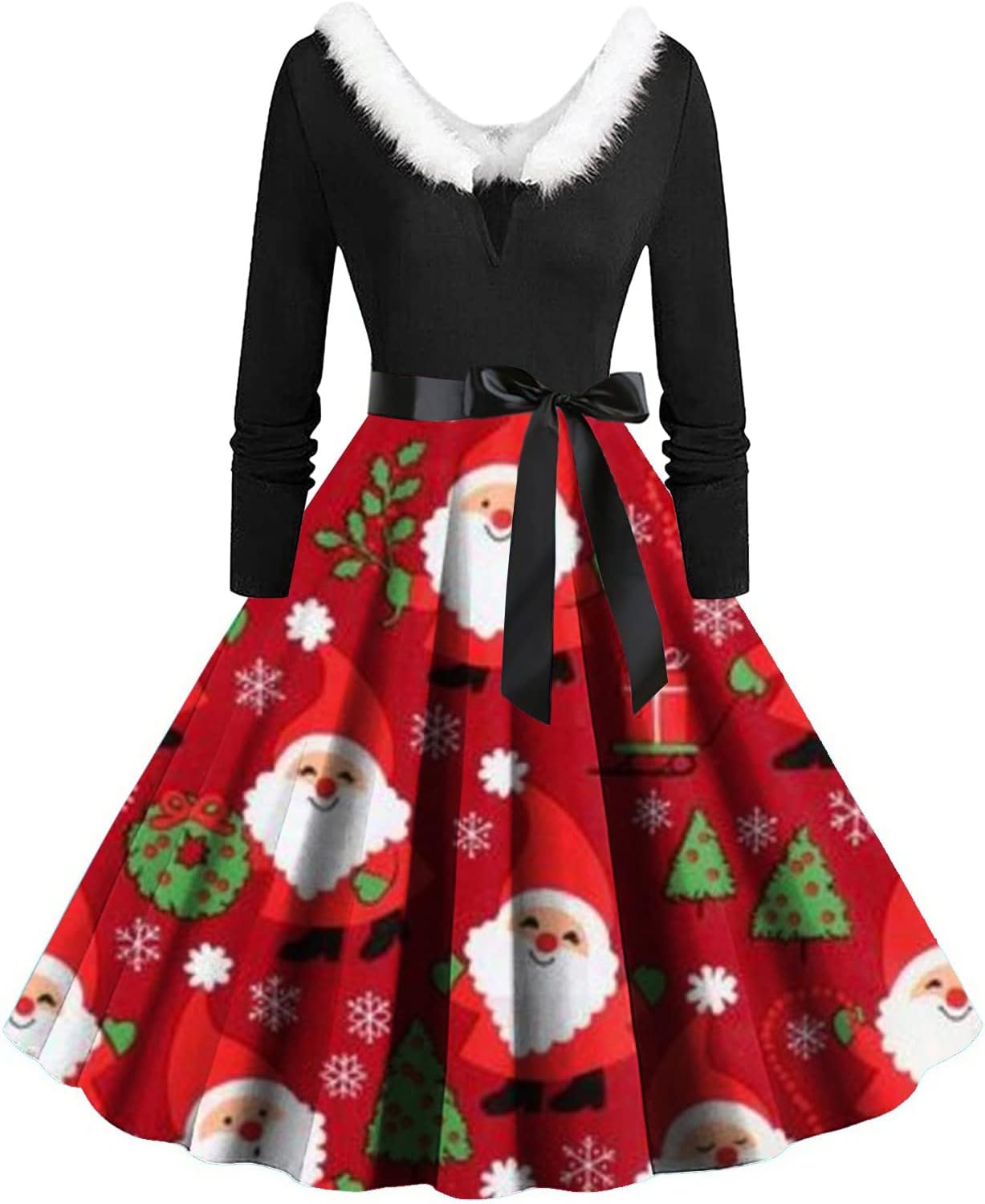 JJHAEVDY Women's Christmas Print Plush V Neck Vintage Panel Dress Long Sleeved High Waist Long Dresses Dress : Sports & Outdoors