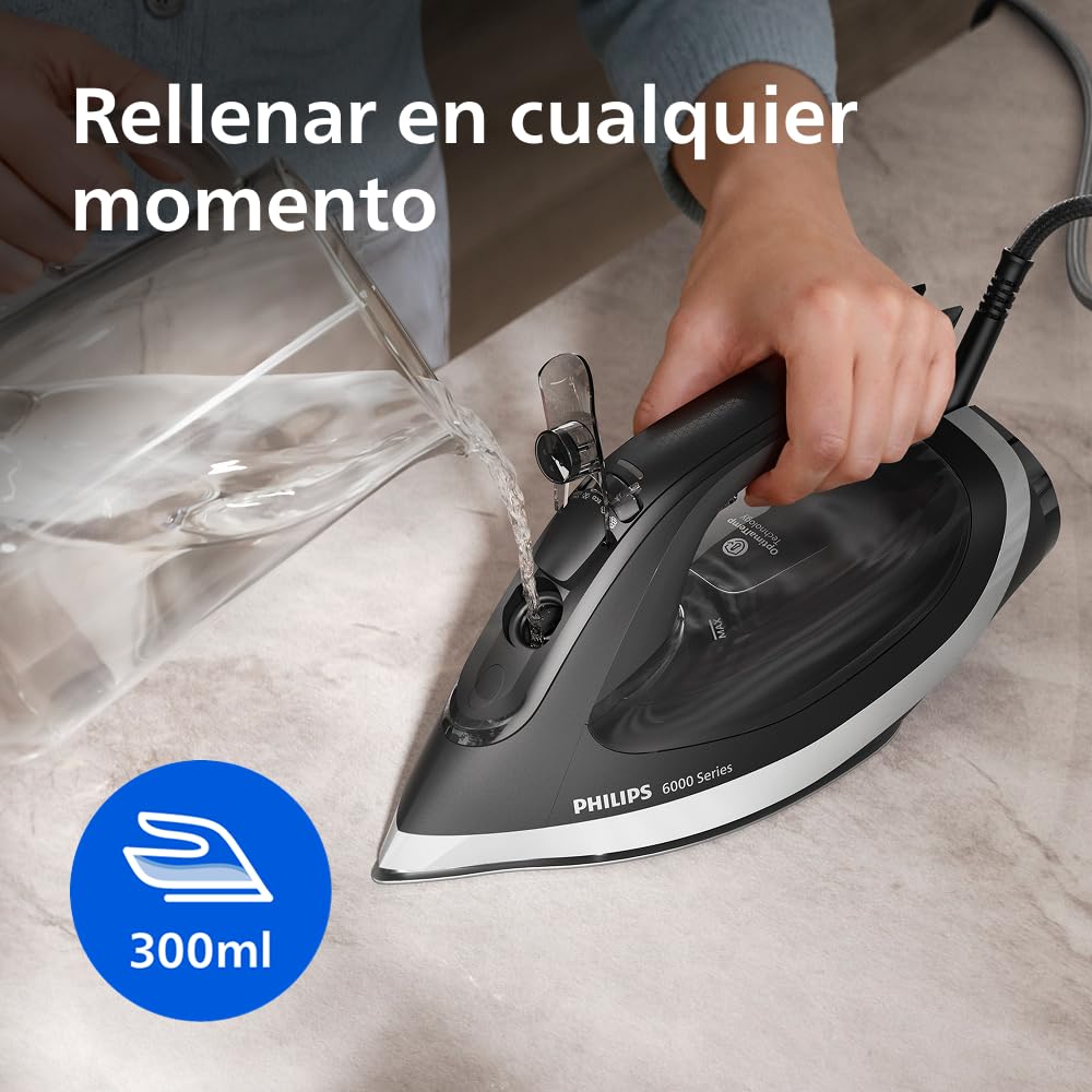 Philips Serie 6000 Plancha de Vapor con tecnología OptimalTEMP, 190g golpe, 45g continuo, suela SteamGlide Plus, antigoteo y apagado automático (DST6120/80)