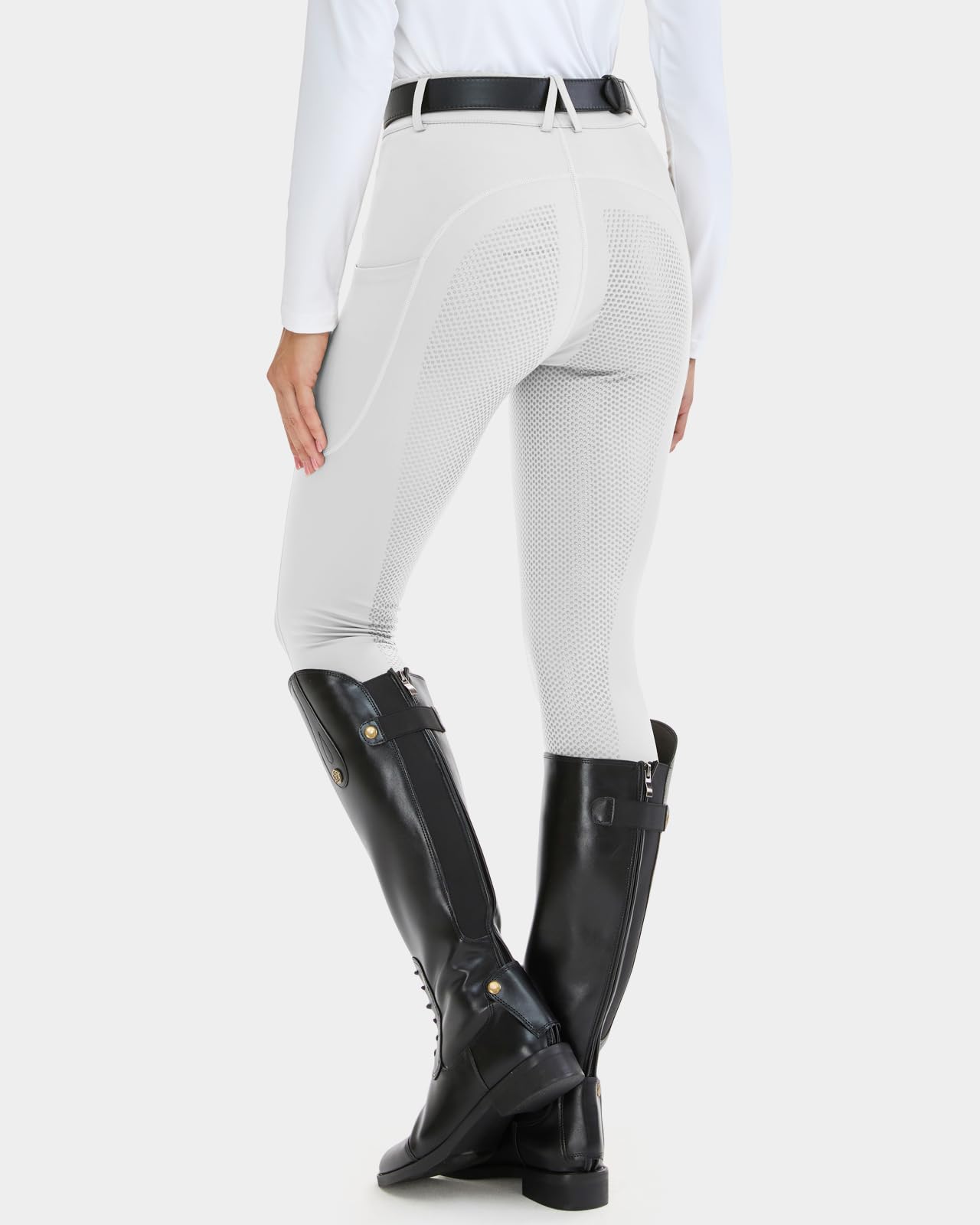 HMILES Leggings da Equitazione da Donna, in Silicone, con Inserti Completi, a Vita Alta, Elasticizzati, da Equitazione, da Donna, con Passante per, Bianco, L