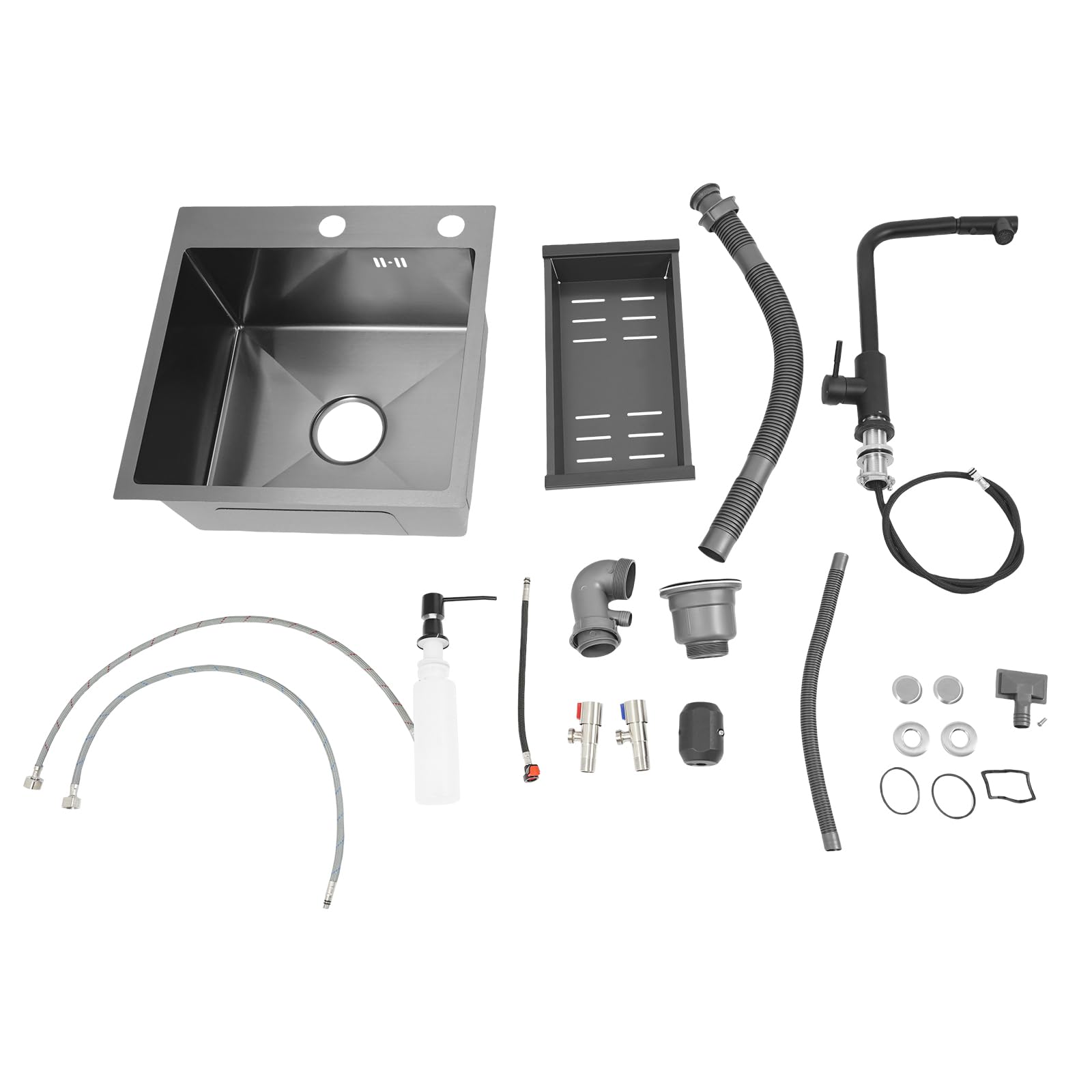 Fregadero de cocina de acero inoxidable con grifo, color negro, 45 x 45 cm, incluye grifo extensible, dispensador de jabón y desagüe