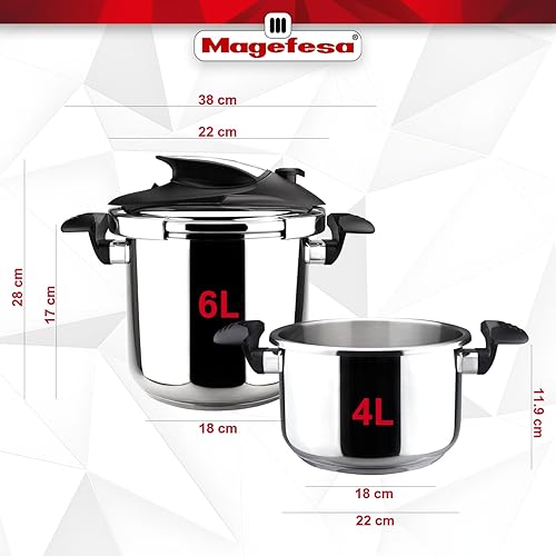 Miniatura 9 de Magefesa Nova - Juego de olla a presión para estufa, 4.2 cuartos de galón y 6.3 cuartos de galón, cocción rápida, fácil bloqueo, acero inoxidable