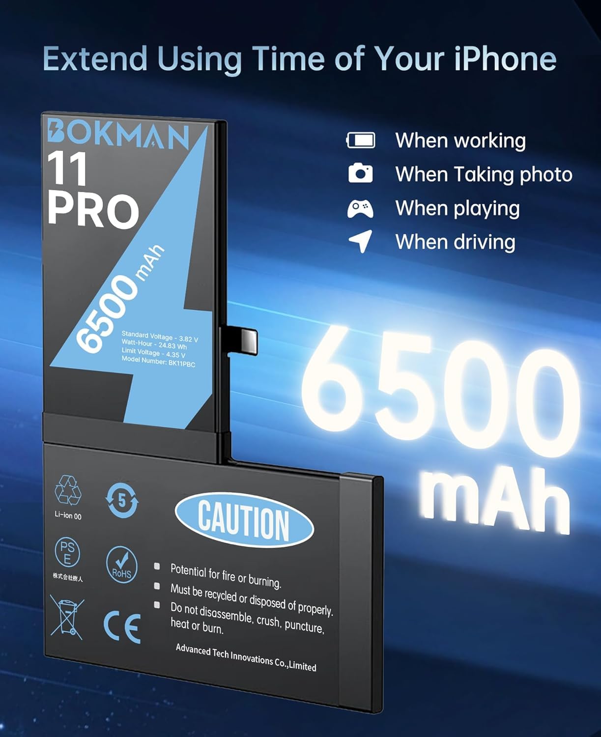 Bokman Batería para iPhone 11 Pro, Batería de Alta Capacidad 6500mAh con Herramientas de Reparación