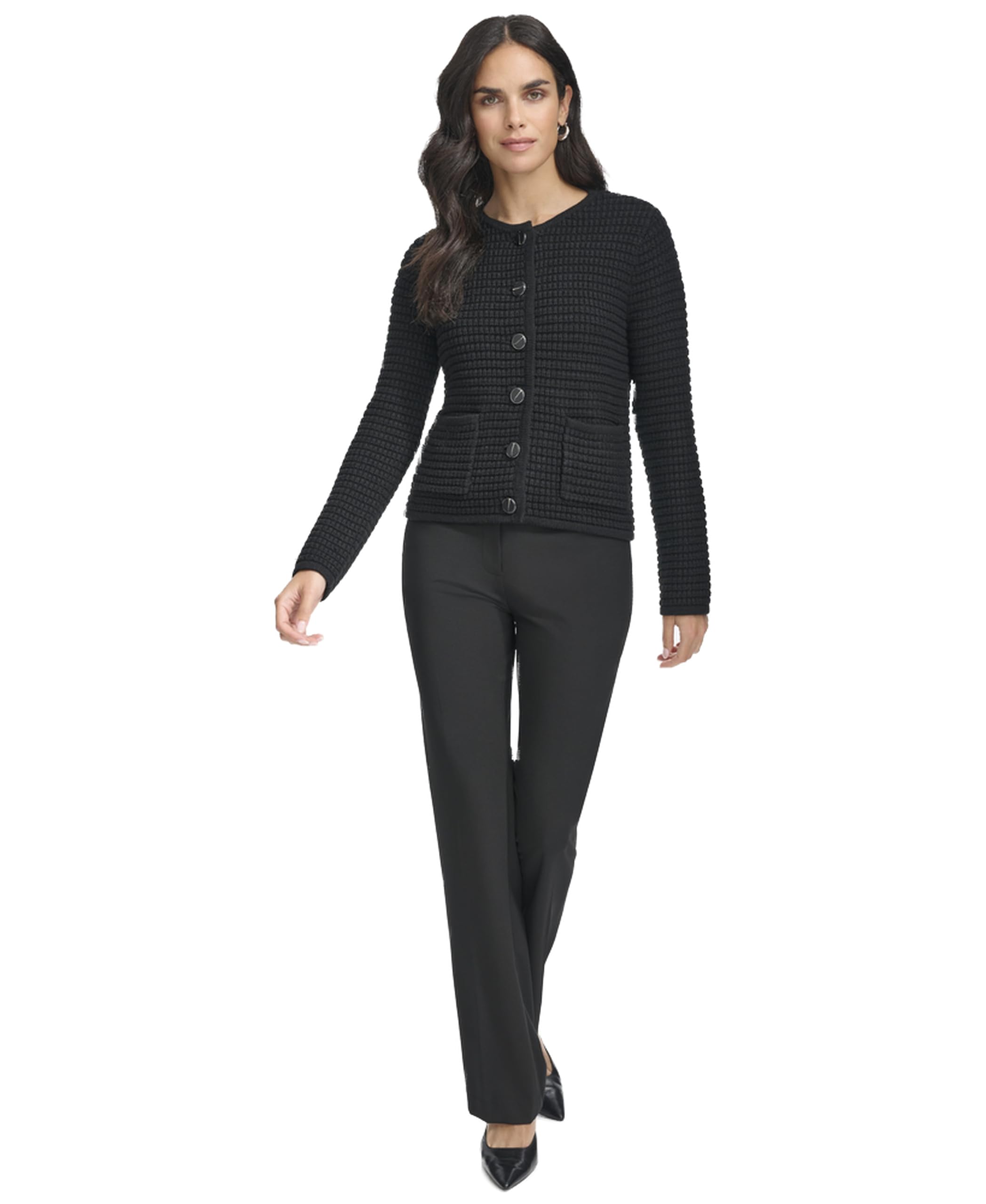 Calvin Klein Womens Long Sleeve Button Front Tweed Sweater