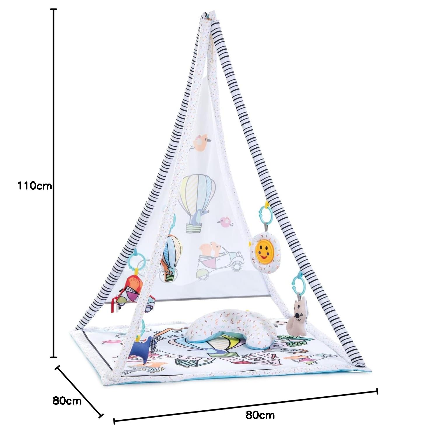 hauck Baby Play 1st Tent Gimnasio Bebe, con Colchoneta, Desde el Nacimiento, Arco de Juego Extraíble, Manta de Actividades, 5 Juguetes Sensoriales, Cojín de Media Luna, Balloon Ride White