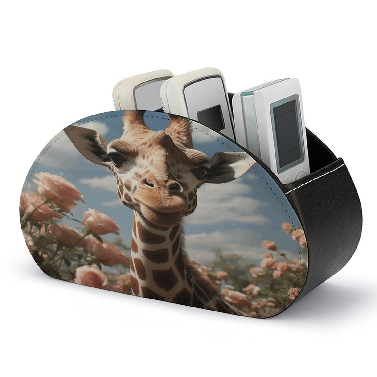 FekiLoot Beautiful Giraffe Remote Control Holder with 5 Compartments Multi-functional TV Remote Caddy Organizer Leather TV Remote Holder Desktop Organizer Store for Bedside Table Office Desk