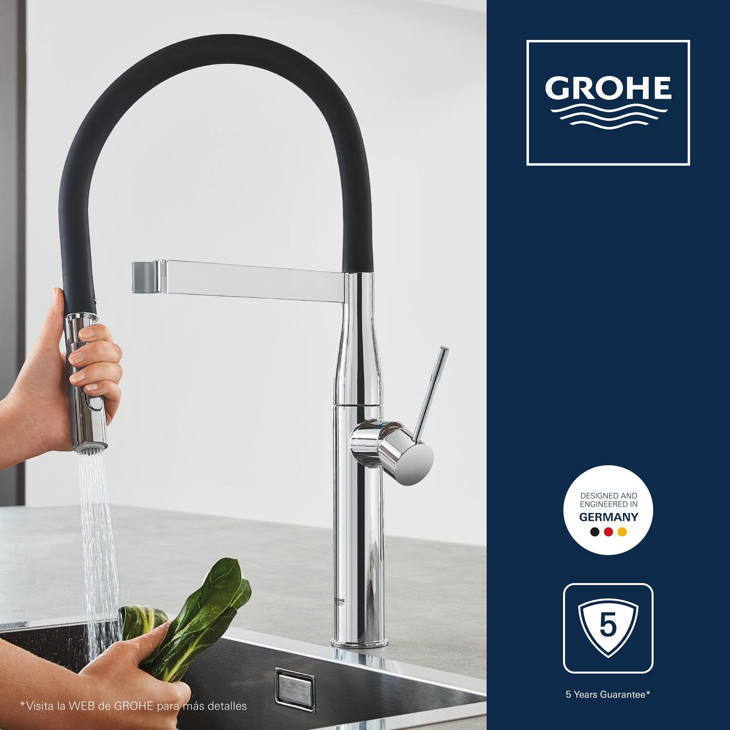 Grohe Essence Professional - Grifo de Fregadero Monomando, Caño Giratorio de 360°, Caño Alto, Dos Opciones de Chorro (30294000), Cromo
