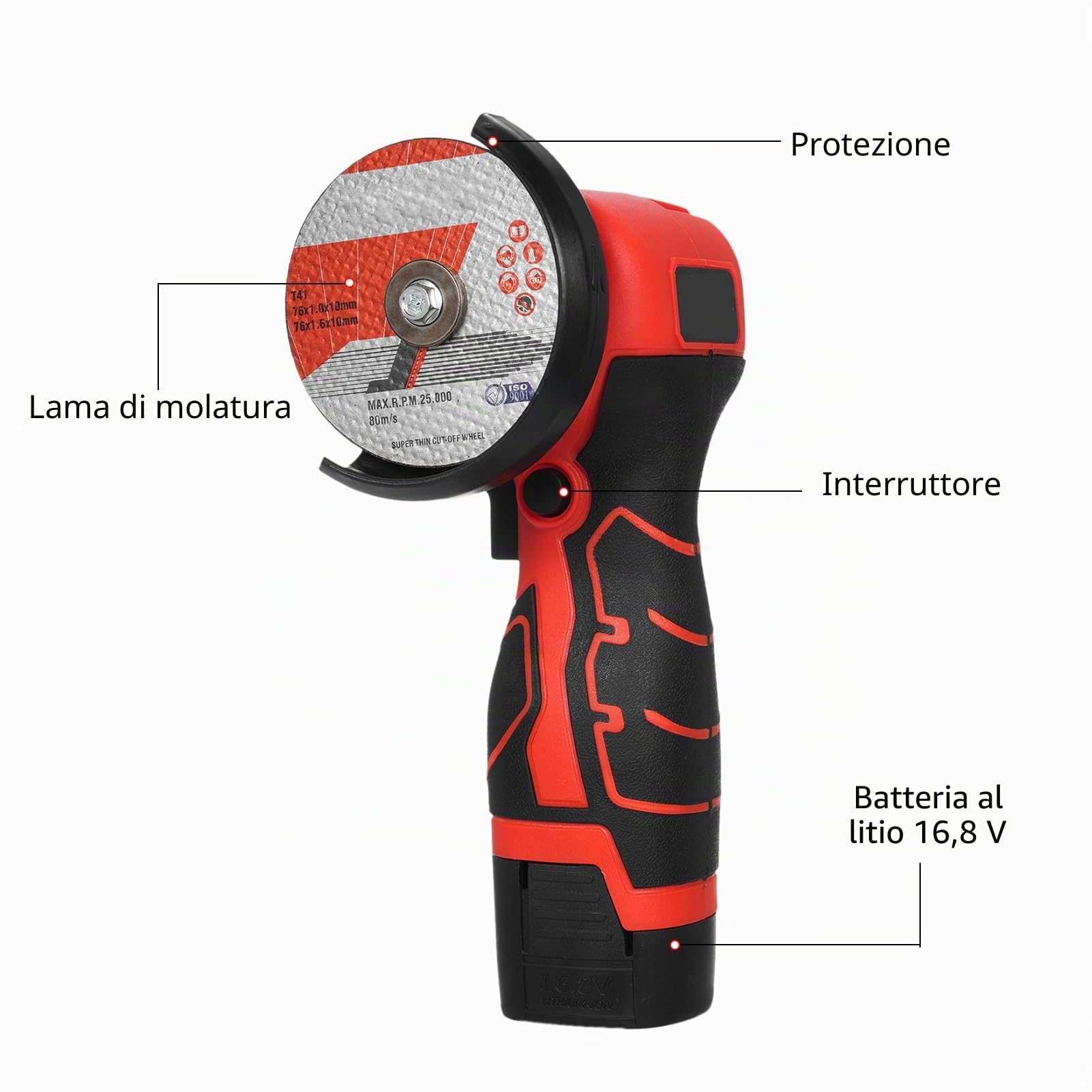 Smerigliatrice angolare senza fili, strumento di levigatura elettrico, 7000 giri/min, mini smerigliatrice con 2 batterie da 16,8 V, 2000 mAh e disco abrasivo per tagliare la mattonella
