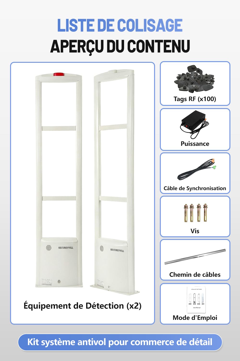 Portique Antivol RF 8,2 MHz, Système Antivol Magasin avec Détection Stable, Alarme Sonore et Lumineuse, 100 Étiquettes RF et Accessoires Complets pour Boutiques, Blanc