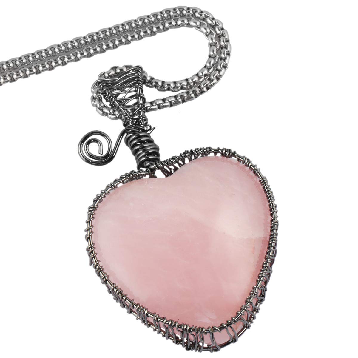 TUMBEELLUWA Heart Necklace Wire Wrapped Healing Crystal Pendant with Chain Charm Stone Jewelry for Women