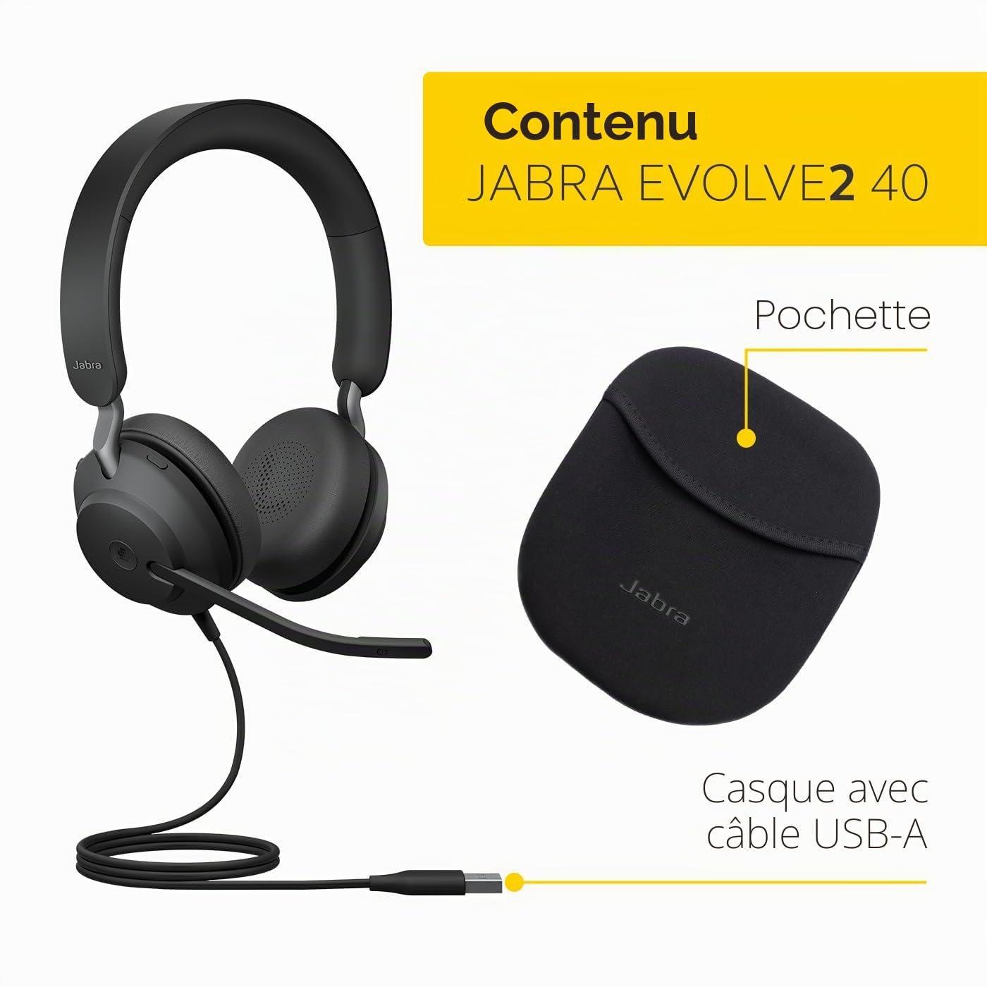 Jabra Evolve2 40 SE Casque stéréo Filaire antibruit avec Technologie d'appel à 3 micros et câble USB-A Fonctionne avec Toutes Les Plateformes de Communication unifiées telles Que Zoom et Google Meet