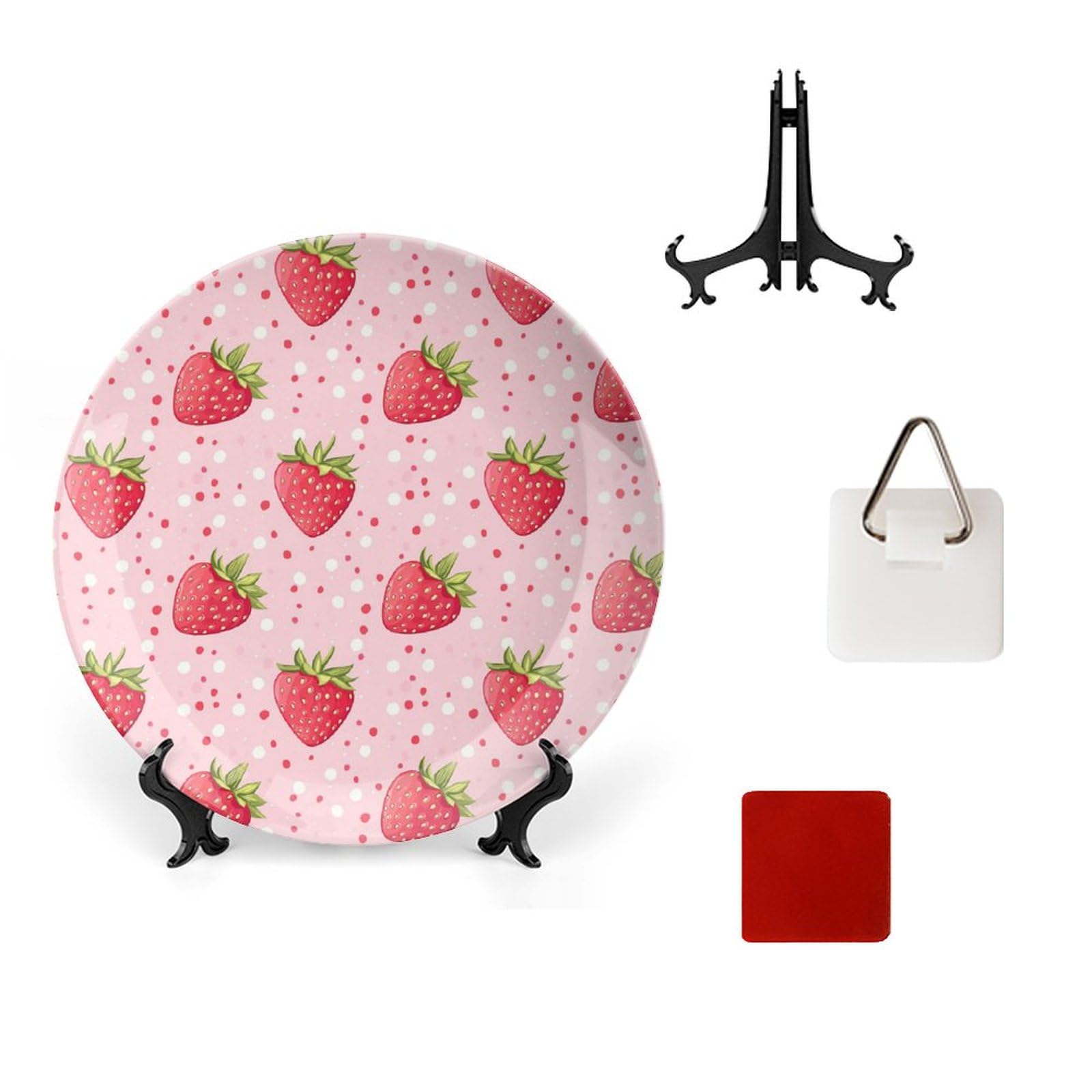DULAHR Pink Strawberry Bone China Decorative Plate Ceramic Decorative Plate Home Wall Decor with Vertical Stand Decorative Plates