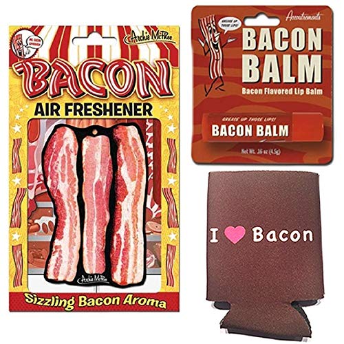 Bacon Addicts Triple Sampler Gift Pack (3pc Set) - Bacon Air Freshener, Bacon Lip Balm & I Love Bacon Insulated Can Cooler