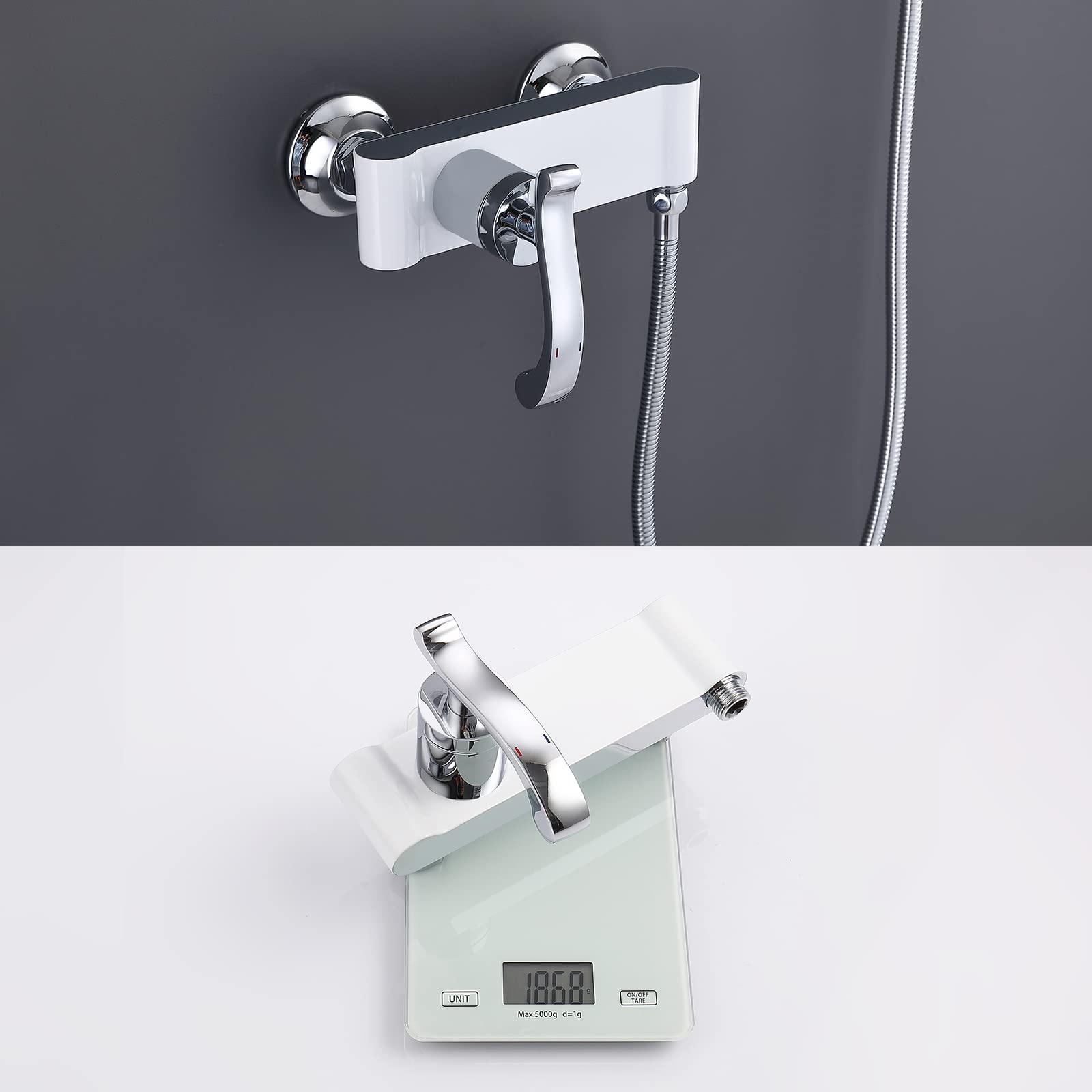 Soffione Doccia Anticalcare Doccia a Mano a Parete Ottone Manopola Doccia Manico Singolo Acqua Calda e Fredda Soffione a Mano con Tubo Doccia e Supporto Doccia,White Chrome