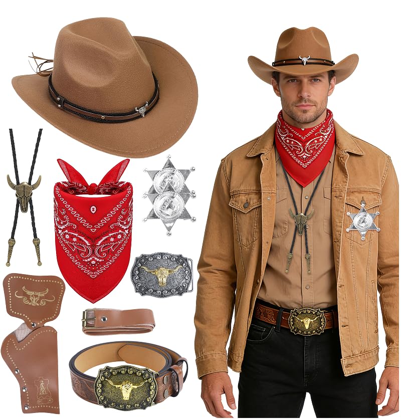 Kitimi 9 Stück Cowboy Kostüm Zubehör Set, Western Cowboy Kostüm Cowboyhüte für Herren Damen mit Brauner Hut Bandana Holster Gürtel Boloschnalle...