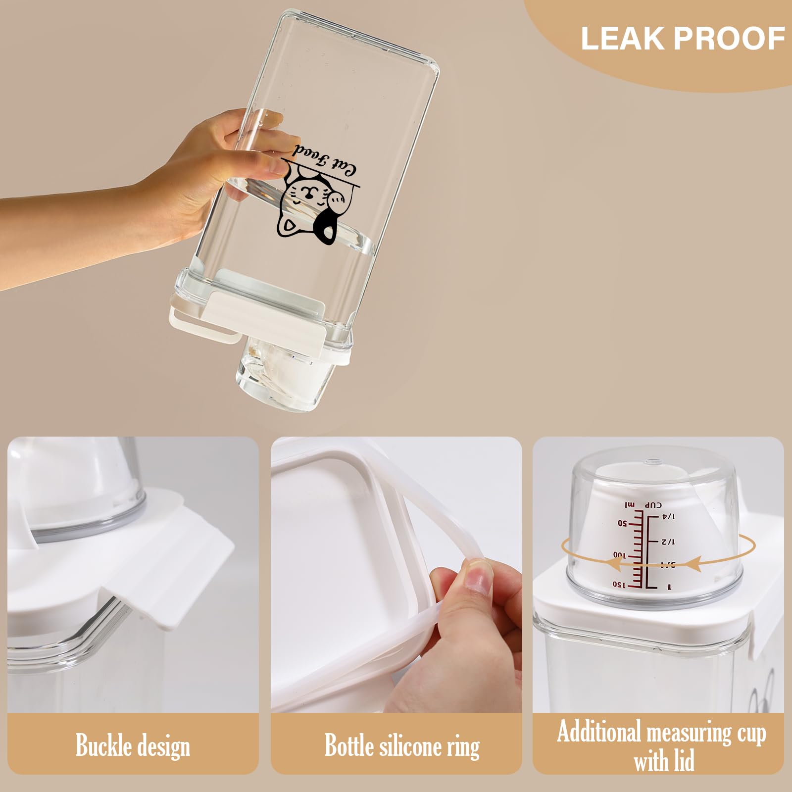 Geyecete - Contenedor de comida para gatos, 2,5 L, contenedor de croquetas de plástico transparente, caja hermética con taza medidora, portátil para viajes, libre de BPA