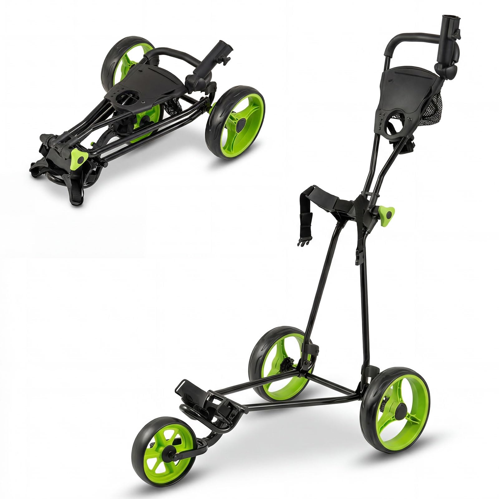 COSTWAY Folding Golf Push Pull Cart, Lightweight 3 Wheels Golfs Trolley with Foot Brake, Umbrella & Cup Holder, Adjustable Handle and Storage Bag (Green) — image 1