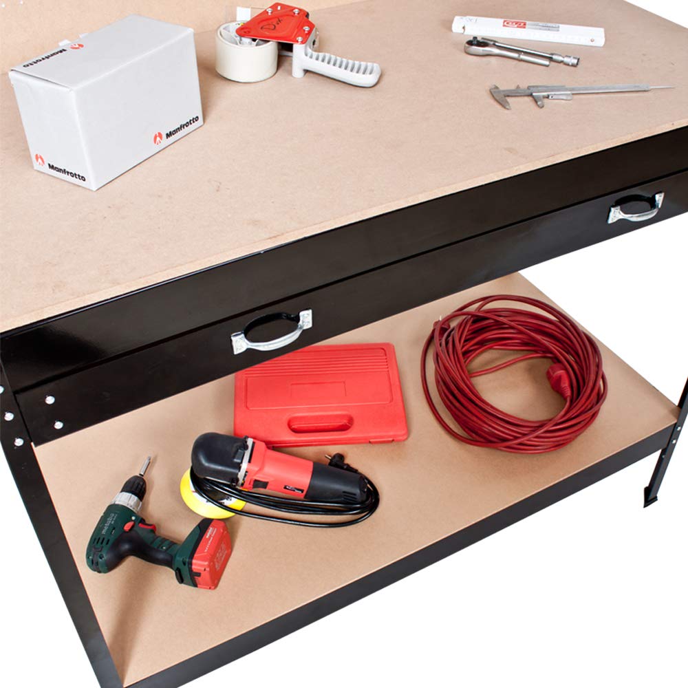 tectake Banco de Trabajo Mesa de Taller 12 Ganchos Panel Herramientas Cajón Grande 120x60x156 cm
