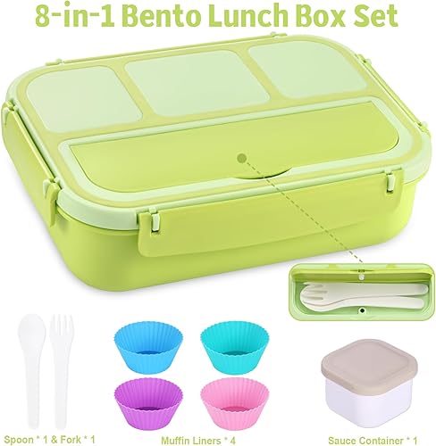 Vista 32 de Lonchera Bento para adultos, recipientes para niños y niñas con 4 compartimentos, contenedor de alimentos con utensilios, tarro de salsa, forros
