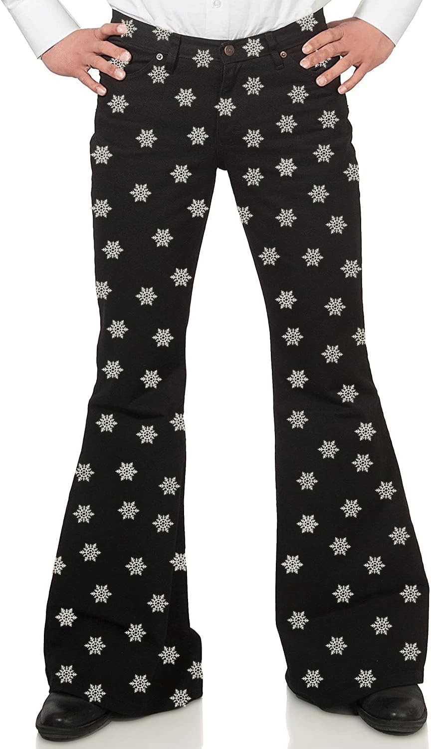 Men's Relaxed Vintage Snowflake 60s 70s Bell Bottom Stretch Fit Classic Flared Flares Retro Disco Denim Jeans Pants