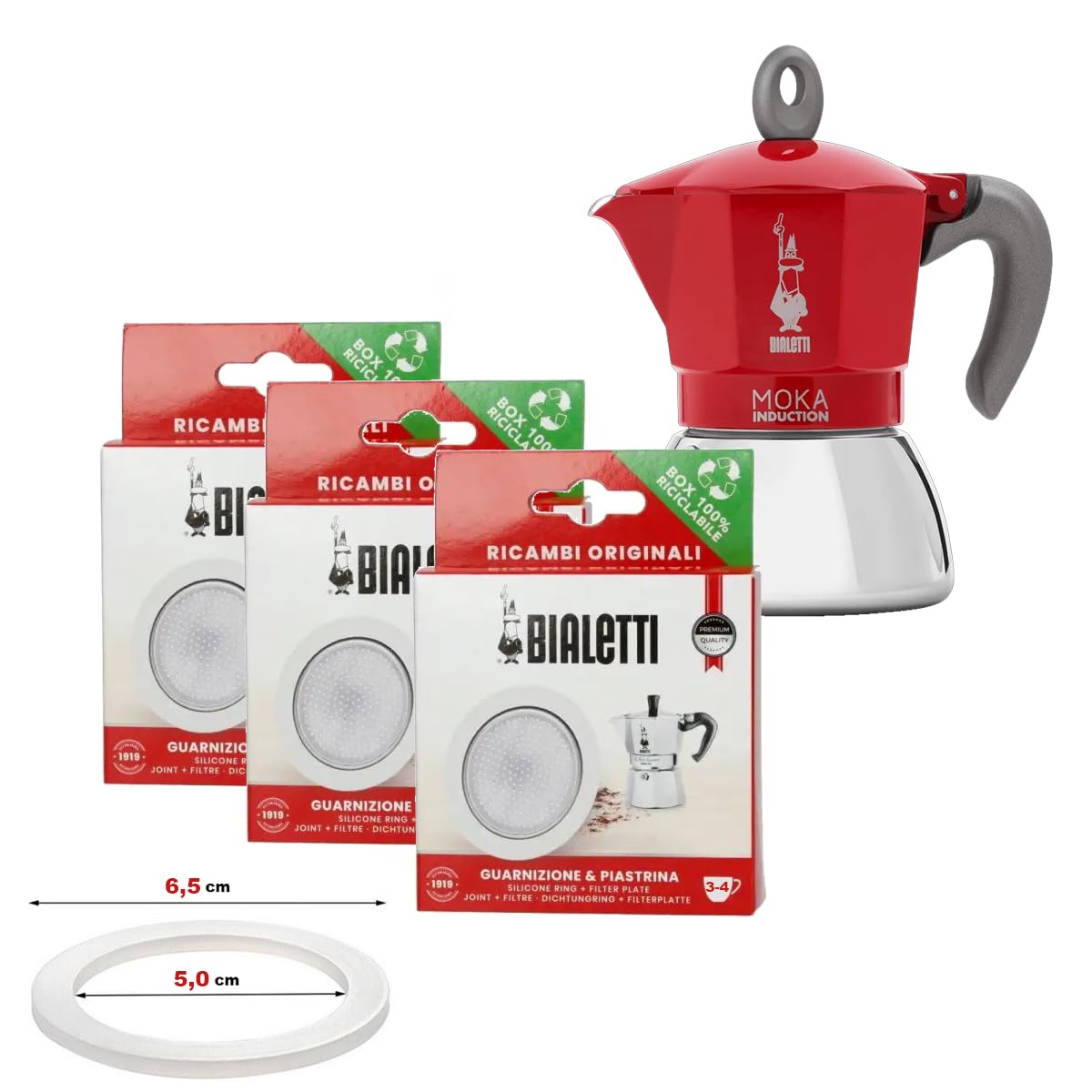 BIALETTI set di 3 Confezioni con 3 Guarnizioni e 3 Piastrine Filtro per Moka Induction, Orzo Express e Brikka | Scegli il formato