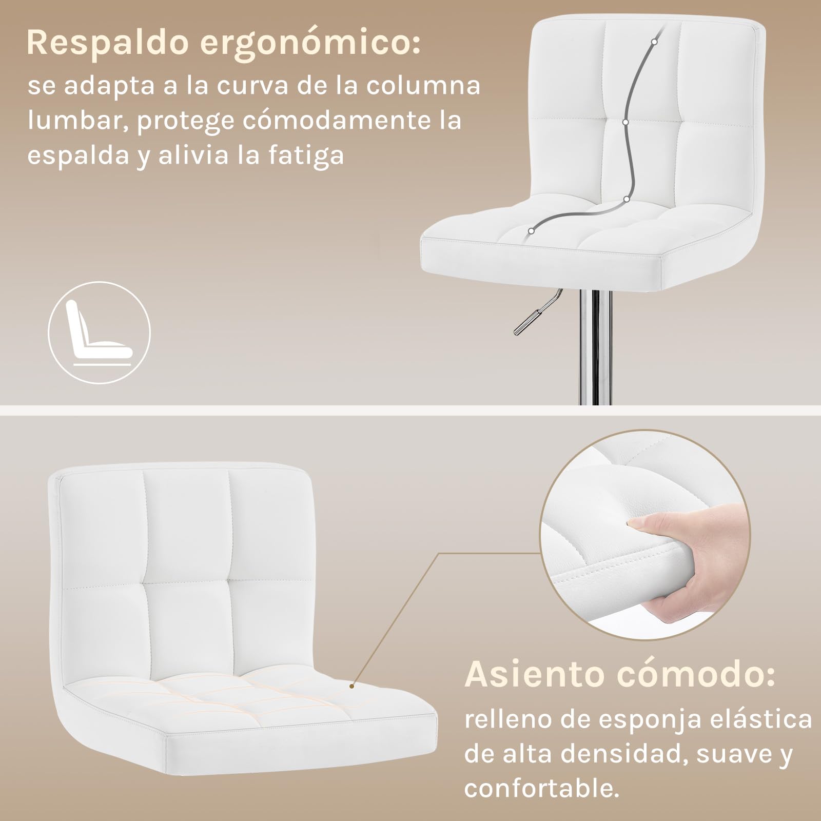 WOLTU Taburete de Bar Giratorio con Respaldo y Reposapies, Blanco | con Reposapiés, para Comedor, Salón y Cafetería