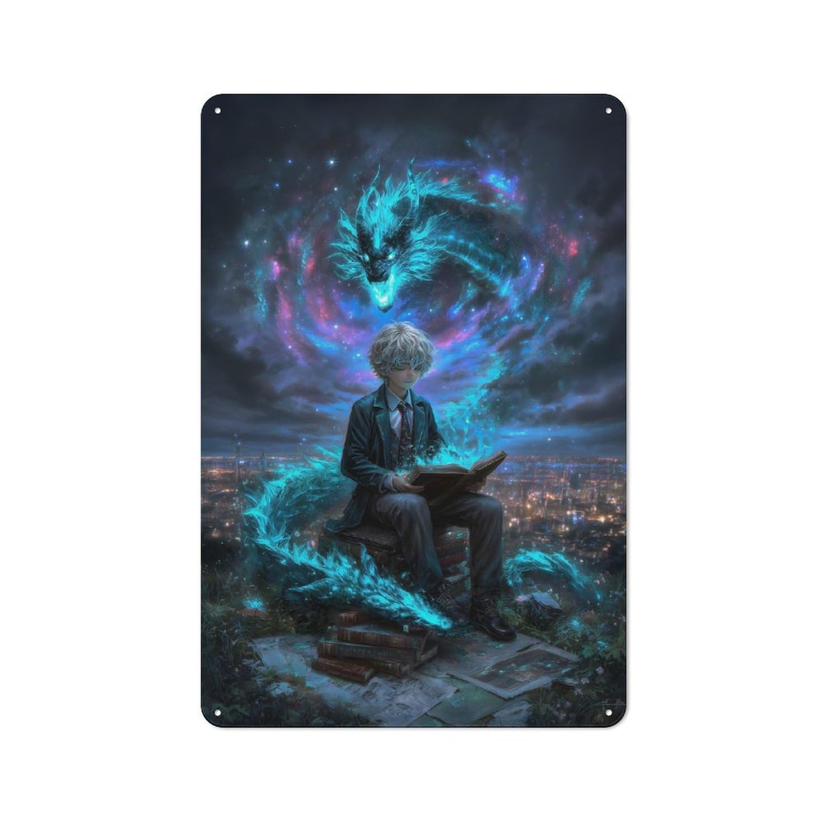 Junmoney Boys Reading With Dragon Spirit Retro Tin Sign 30X20cm For Living Room Or Hallway, Gift For Living Room Decor Lovers During The Christmas Season